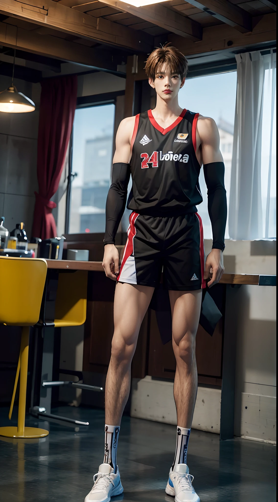 (((Best quality))),(((Ultra detailed))),(((Masterpiece)))，（Cute tall Shota：3），The height of a volleyball player，solo person，（full bodyesbian：3），（Stay away from the lens：3），Expose your legs，（revealing the whole body：2），（Frontal heads-up view：1.2），malefocus，（looking at viewert），16 yaers old，（Tall：3），（Tall guy：2），Super tall，（Height 300 cm：2），Excellent body proportions，muscular physique，（1.The shoulders are 5 times wider：1.2），（Slender straight legs：2.5），Slender feet，small heads，musculous，The face of the animated male protagonist，（Very detailed beautiful face and eyes：2），（Big bright eyes：1.2），Sharp eyeliner，Clear and beautiful face，exhilarated，（laughingly：2），short detailed hair，（Correct facial features），（tilts your head：1.5），（Men's basketball jersey：2)，Long sport men's socks，（Muscle firming：2），Strong，（Wide shoulders and narrow waist：2.2），Detailed muscle texture，Highlights muscle structure，in a subway，（sitting upright：4），（full length shoot），ultra-realistic realism, (Photorealistic detail), Incredible accuracy, lifelike textures, masterful technique, Jaw-dropping precision, artistic dedication，（anatomy correct），Good lighting，exquisite detailing，Best quality，stunning masterpiece，CG，（Colored screen）