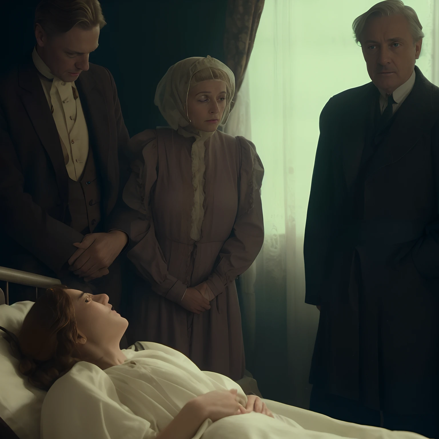 Em 1899, There are three people around a woman in a hospital bed, ainda do filme, ainda do filme, Helene Fischer em Downton Abbey, still image from tv series, film still image, ainda de um filme, cena do filme, captura de tela de um filme, cena de um filme, ainda do filme, filme ainda do filme, fim ainda, Realistic and detailed photo with the clothes and colors of the time, cinematic, 8k