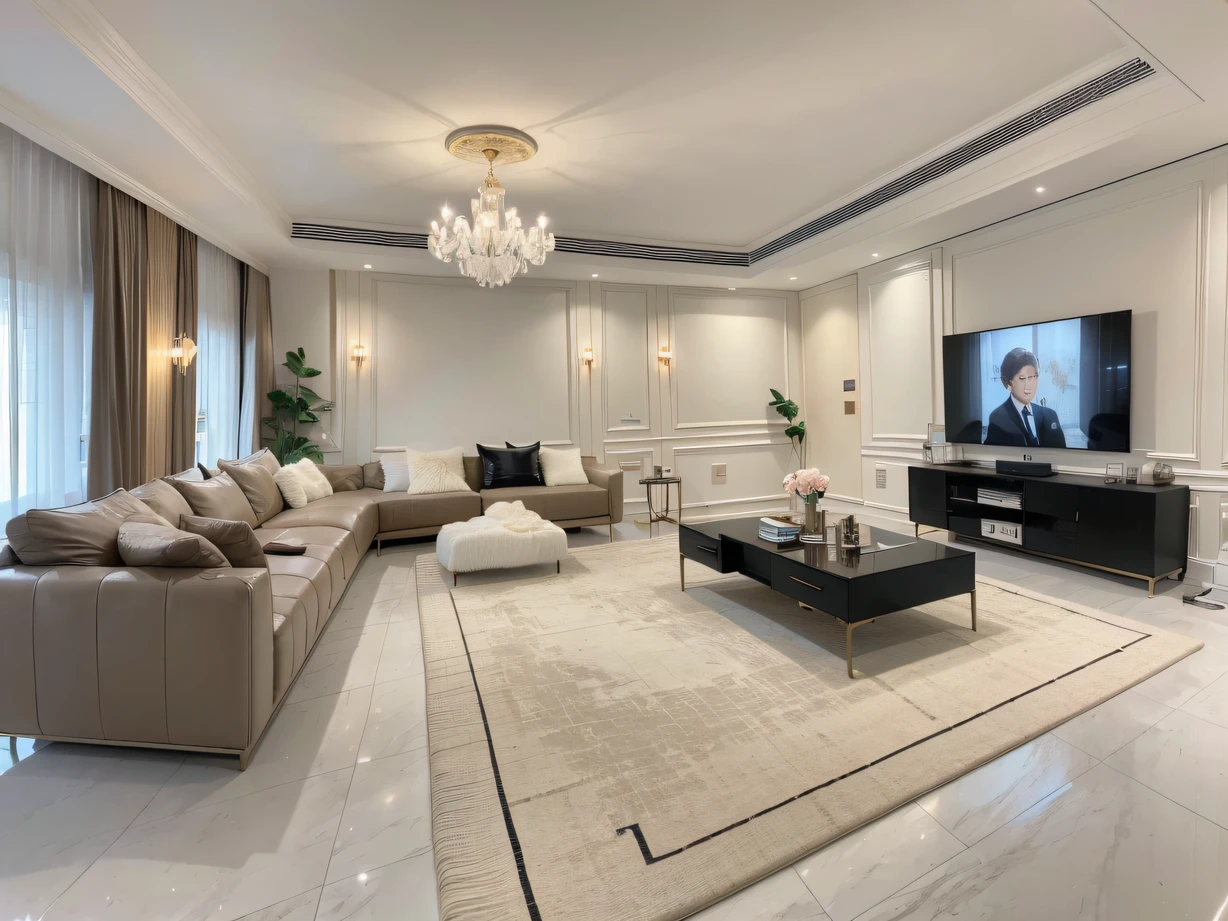 ，masterpiece, best quality，8k, ultra highres，Step into this luxurious living room，The magnificent crystal chandelier emits a dazzling light，Shine brightly。There is a huge art painting hanging on the wall，Delicate brushstrokes outline a magical wonderland，It is as if you can smell the fragrance of the flowers in the painting。The luxurious leather sofa exudes a comfortable feeling，Step on the carpet，It's like walking on a soft cloud。The whole living room is arranged as a small cinema，Large projectors show stunning movie scenes，Bring endless joy and surprise。