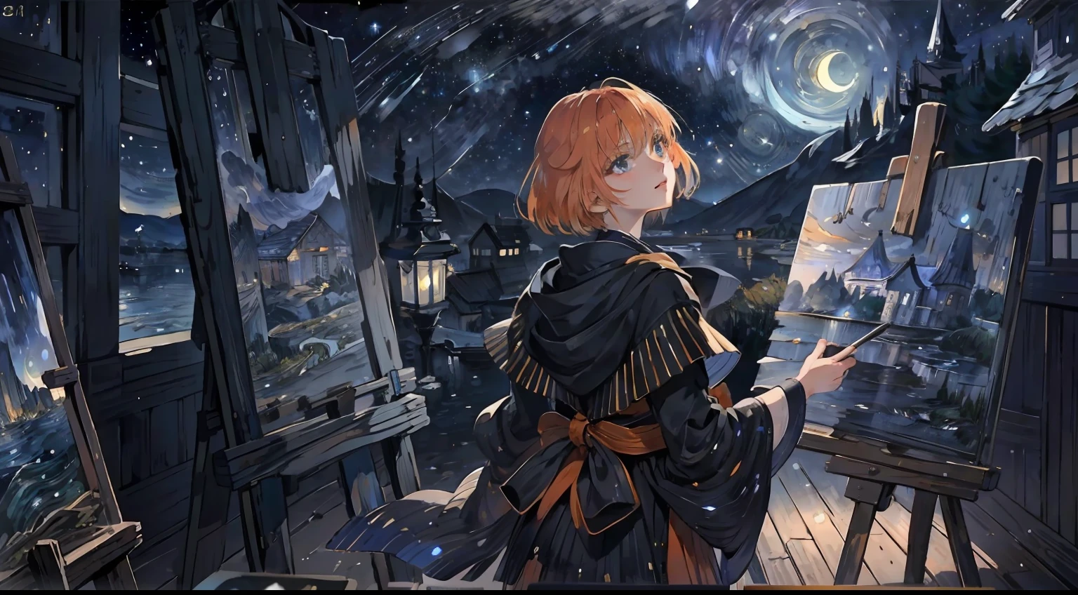 Looking up, Orange hair, Blue eyes, Shining eyes,l Girls ,The beautiful,shiny costume,fantasy,short detailed hair,Van Gogh(FGO),Perfectcomposition, 8K,starrysky,《Starry nights》,ssmile,paint brushes,Color,pigment,Exquisite,a sense of atmosphere,aethereal,Light,painting of a,Watercolor atmosphere,subtle,themoon,Manhwa Style,multicolour,Brightly colored,Color palette,himawari