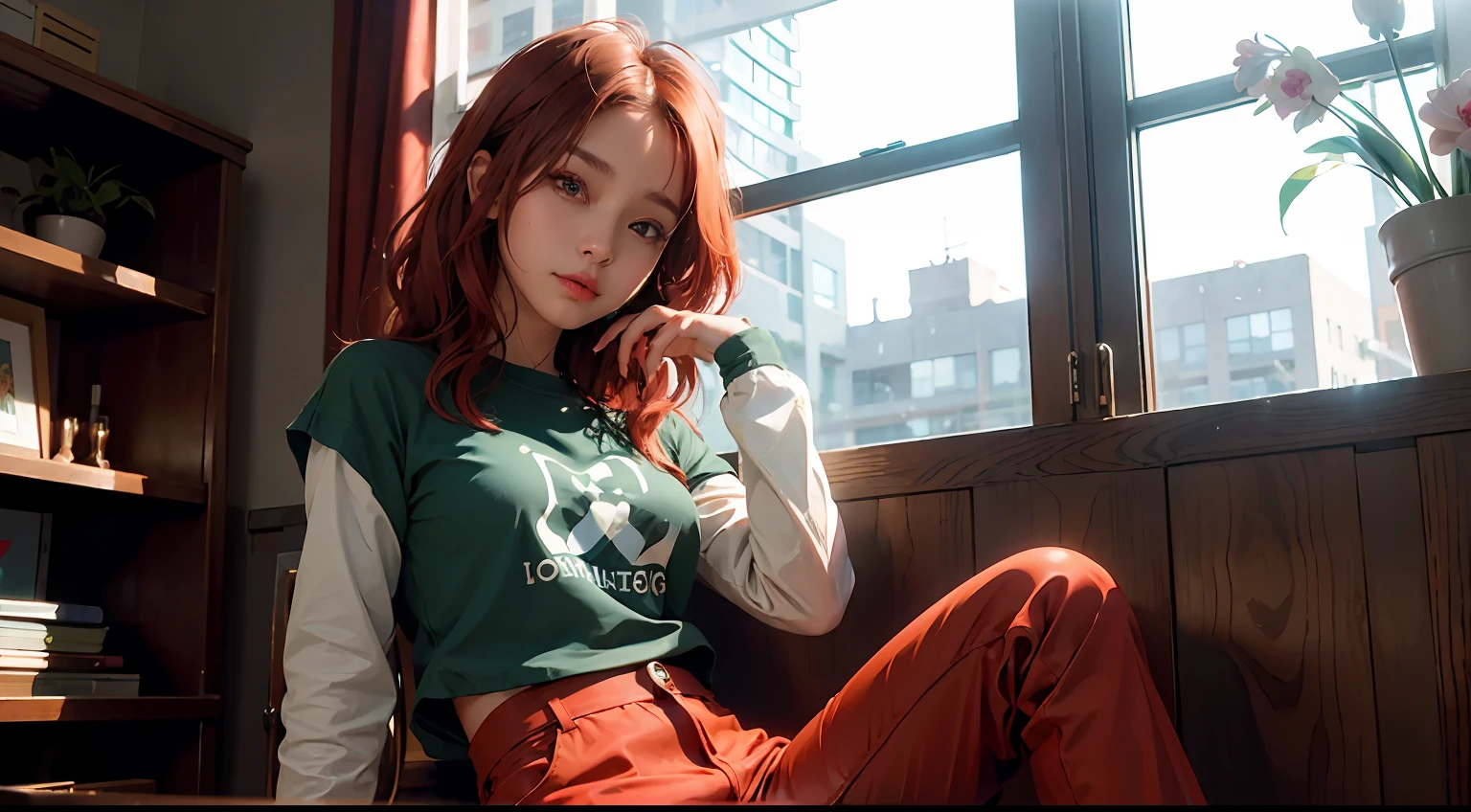 Detailed shiny brown skin、(realisitic、Photorealsitic:1.4)、Cute little girl s、sitting on、The office of the near future、Drenched shirt、tight trousers、long-sleeve、red eyes +A detailed eye、Middle hair + Green hair