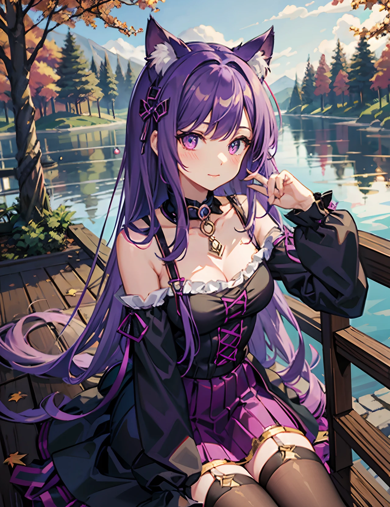 Cheshire Cat, metallic chocker, long hair, medium hair, purple hair, animal ears, cat ears original, 1girl, (solo), scenery, scene, red trees, forest, lake, autumn,