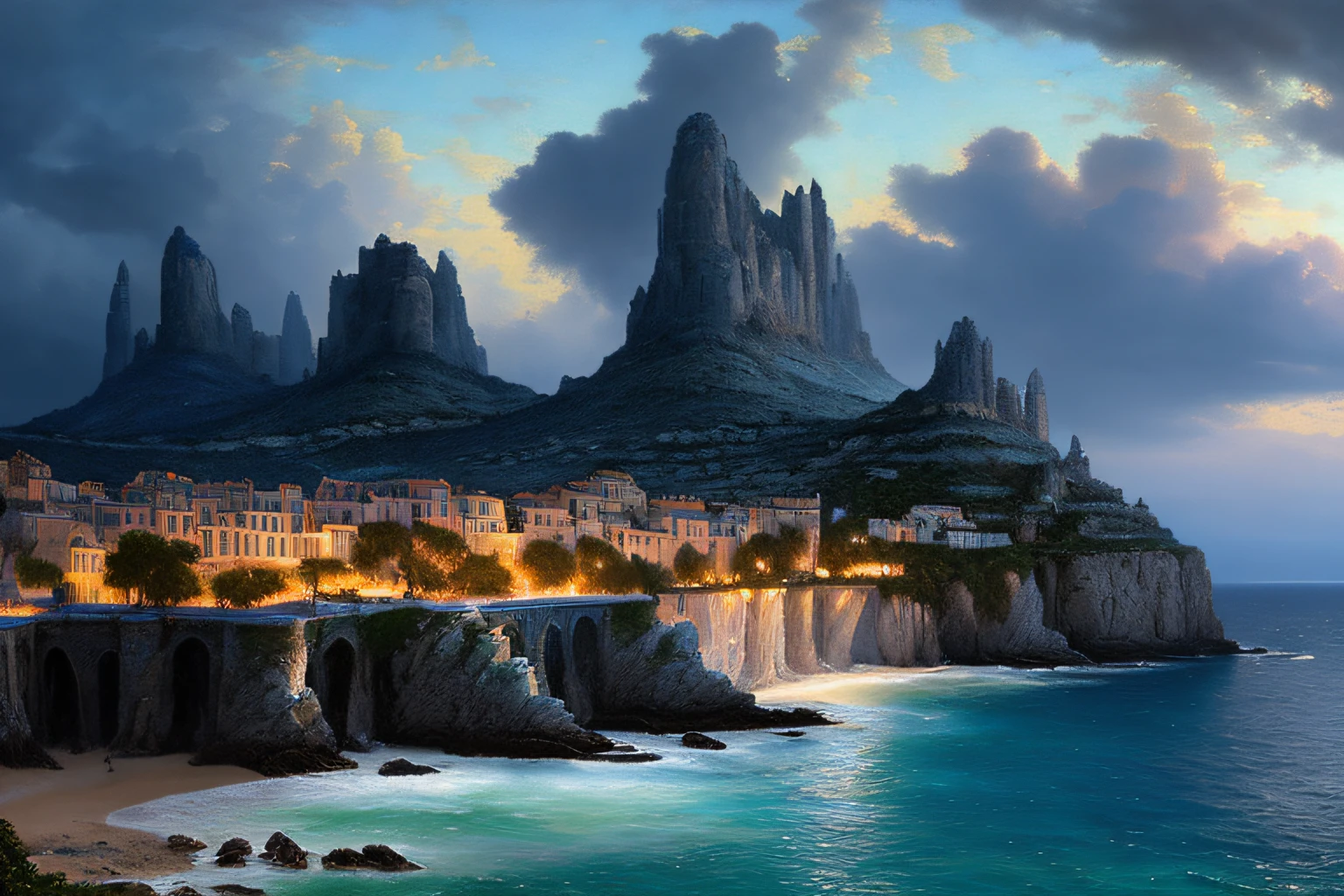 Paysage mer cristalline bleu profond, , Eau cristalline, ciel azur lumineux, ,(Highly detailed CG Unit 8k wallpaper), The most beautiful work of art in the world, Professional majestic oil painting, complexe, High detail, mise au point nette, dramatique, Art of photorealist painting, Alma Tadema