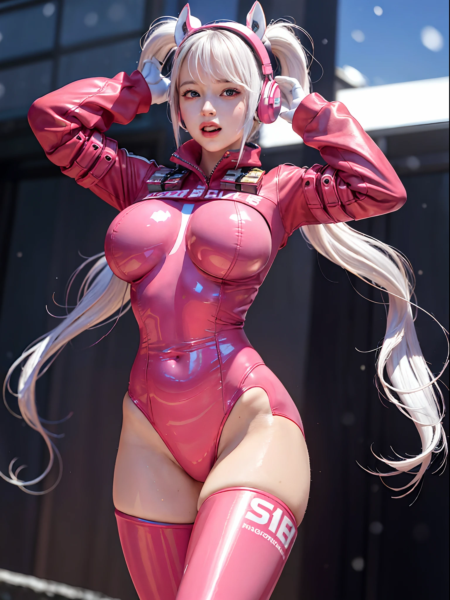 (RAW photo, best quality, masterpiece:1.2), (realistic, photo-realistic:1.4),(masterpiece:1.4),(best quality:1.4),1girl, solo, :d, animal ear headphones, animal ears, arms up, bangs, blush, bodysuit, breasts, bunny pose, clothes writing, covered navel, cowboy shot, cropped jacket, fake animal ears, gloves, outdoor,morning,snow, hair intakes, headphones, impossible bodysuit, impossible clothes, jacket, large breasts, latex, latex bodysuit, long hair, long sleeves, looking at viewer, large breasts, multicolored gloves, open mouth, pink bodysuit, pink eyes, red eyes, red jacket, shiny clothes, shrug \(clothing\), sidelocks, skin tight, smile, thigh gap, thighs, twintails, very long hair, white gloves, white hair,alice \(nikke\),(shiny skin),realistic,