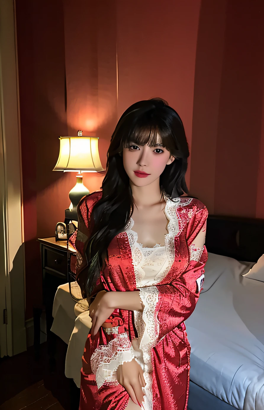 best qualtiy, tmasterpiece, 超高分辨率, (realisticlying:1.6), RAW photogr, 1girl, ((Red lace dressing gown)), ((Bigchest)), warm lights
