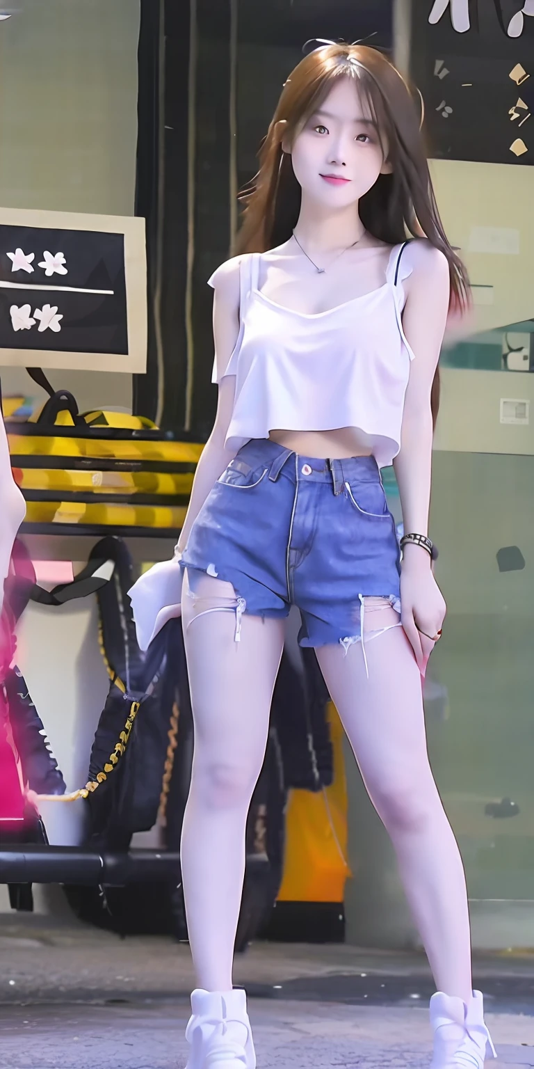 Girl posing for photo in white bra and black skinny denim,Full body like,Cropped T-shirt、Bras and streetwear,Slim body,Smaller bust,Slim girl model,24 years old female model,white Heels,Standing posture,behind,The reveal panties