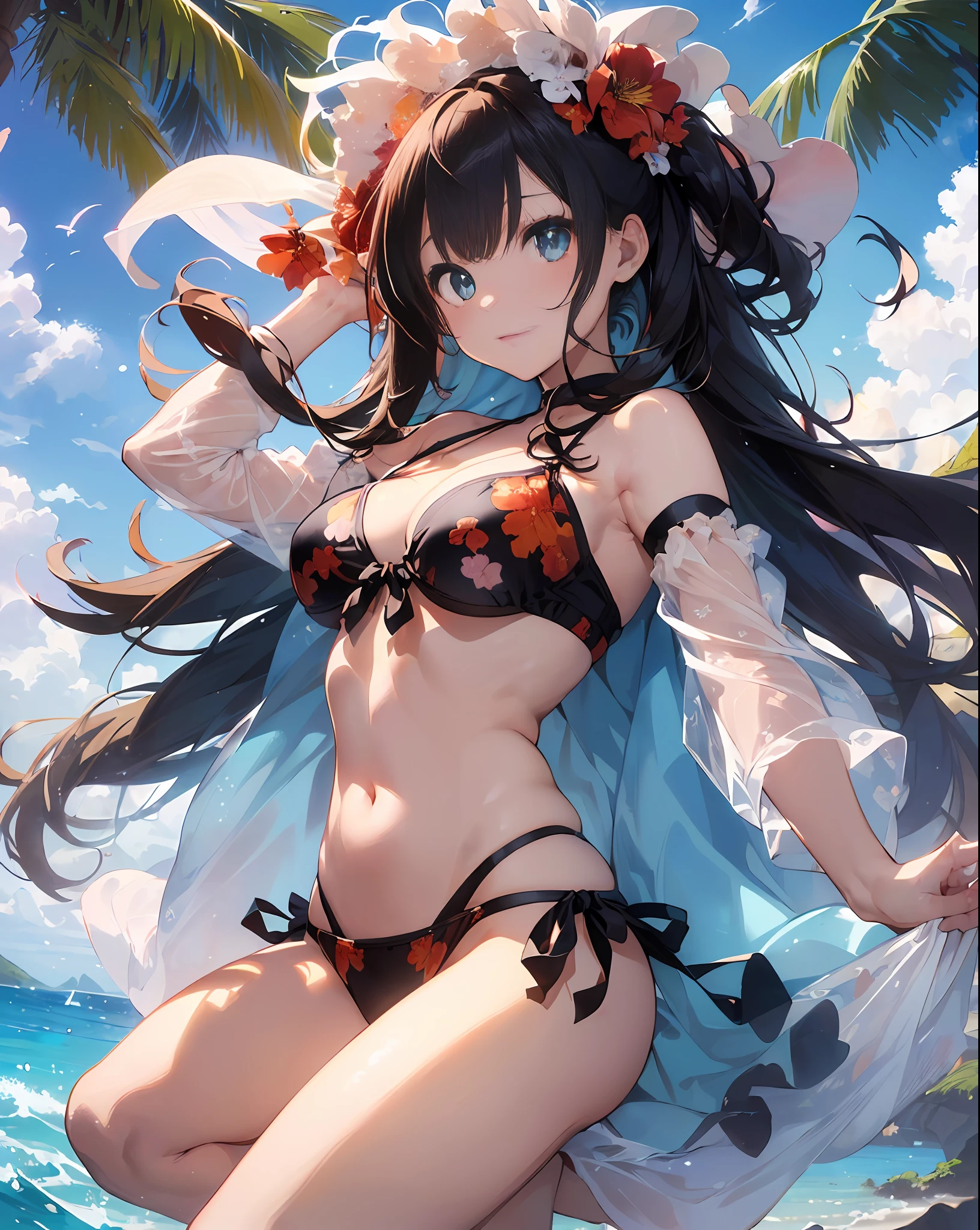 ((masterpiece))、((top-quality)、(Super Detail)、in 8K、Delicate depictions are filmed in anime style。
posterior view、(Very long hair、Dark hair、Bright blue eyes)18year old、(Full body:1.3)、poneyTail、Clear, Beautiful eyes、Turned、Bikini with red floral pattern、Into the cloud、Dazzling sun、sand beach、