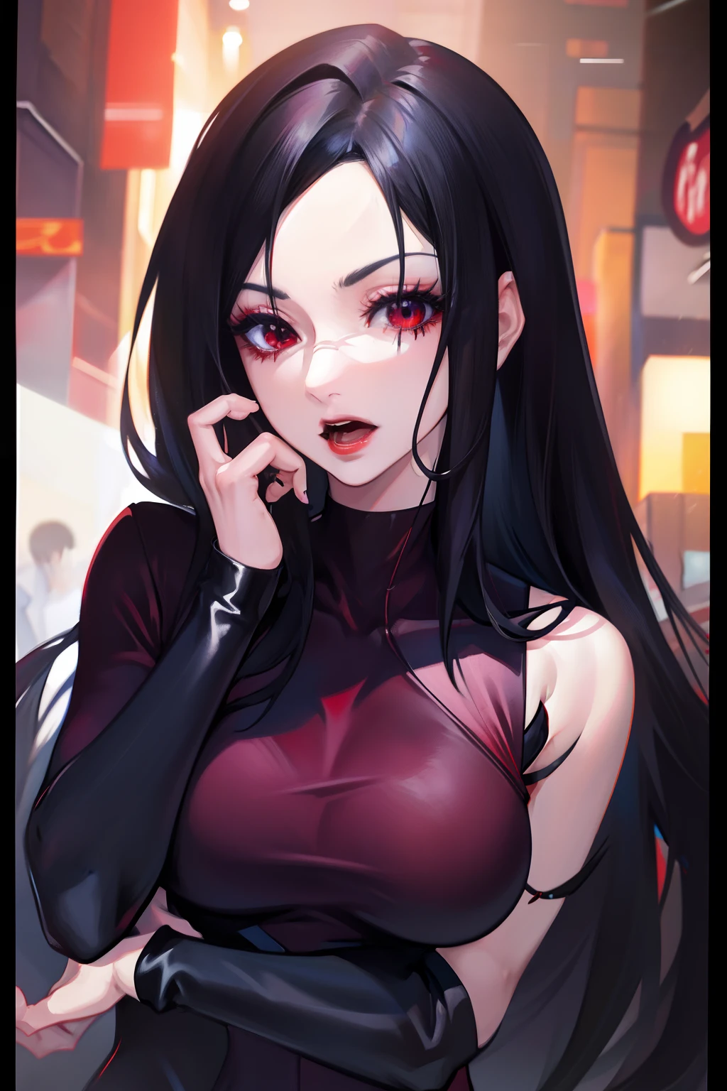Red backless sweater,Black color hair,With his head bowed,open open mouth,Attractive anime woman, anime woman, Beautiful anime woman, Realistic anime 3 D style, Seductive anime woman, female anime character, realistic anime artstyle, Smooth anime CG art, Digital anime illustration, beautiful and seductive anime woman, Beautiful anime woman,closeup of face,The skin of the face is gray,The background has multiple expressions,The expression is broken
