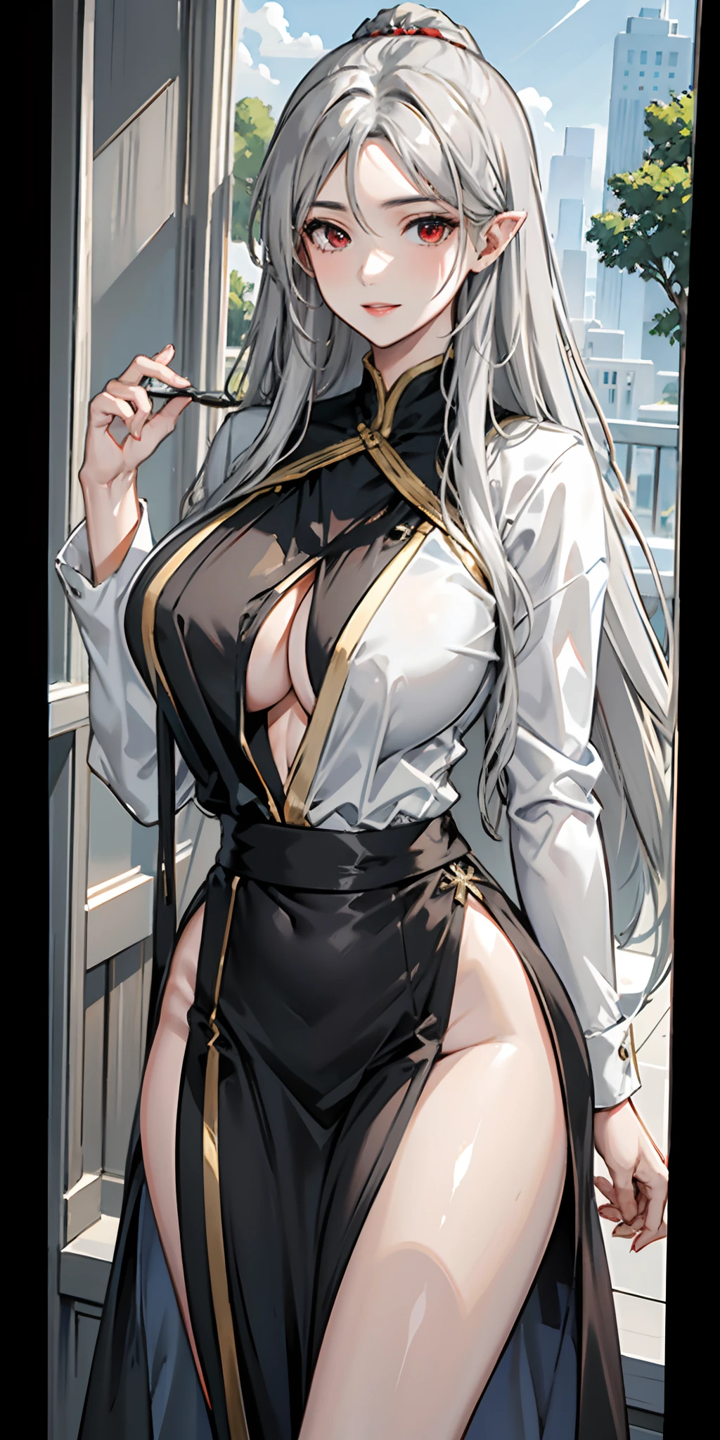 (fidelity: 1.4), amazing, masterpiece, ((female, big boobs)), slim, muscular, sharp ears, light gray skin, long curly gray hair, red eyes, smile, minder, do not disturb, Recite the Pipa