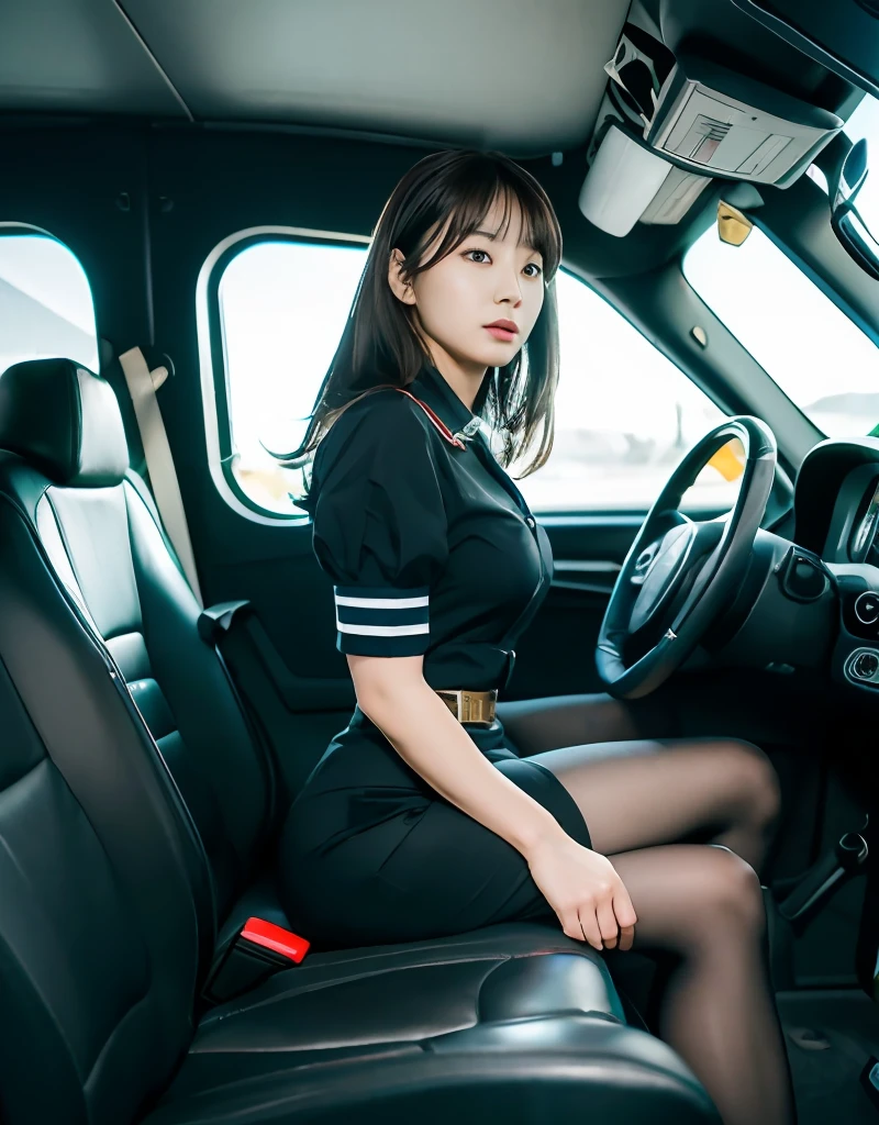 Korean women's captain in her 20s, pencil skirts, Black heels, Pantyhose, Aircraft interior background, Huge size, Detailed face. (8K, Best quality: 1.2), (Masterpiece, Photorealistic: 1.3), Super detail, Anatomically correct