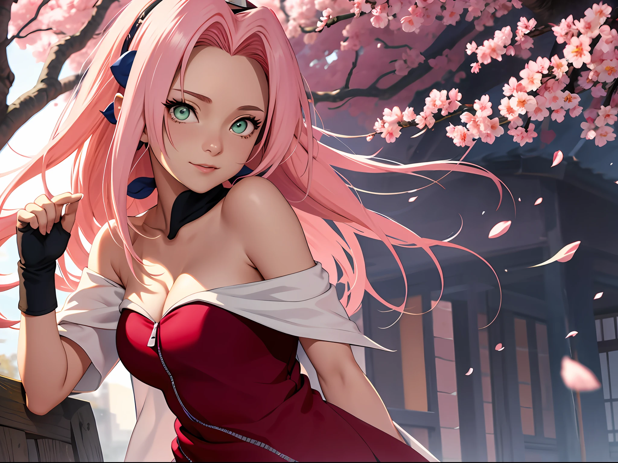 tmasterpiece, Best quality at best, 1girll, Sakura Haruno, Large breasts,Off-the-shoulder attire,(cleavage),(upperbody closeup),Raised sexy,is shy,ssmile,with pink hair, long whitr hair, (Green eyeballs:1.4), Forehead protection, the cherry trees,Cherry blossoms flying,Red clothes,Zipper half
