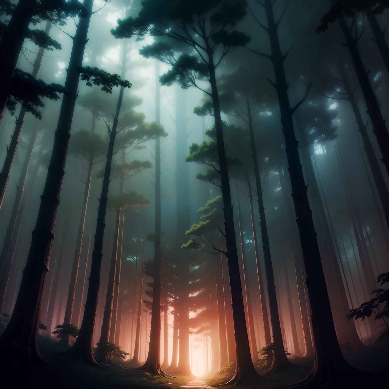 Anime style,Children's picture book style,A dimly lit forest spreads out 3 meters away,Darker than the dim forest,Sky 1 min 3 minutes above the screen