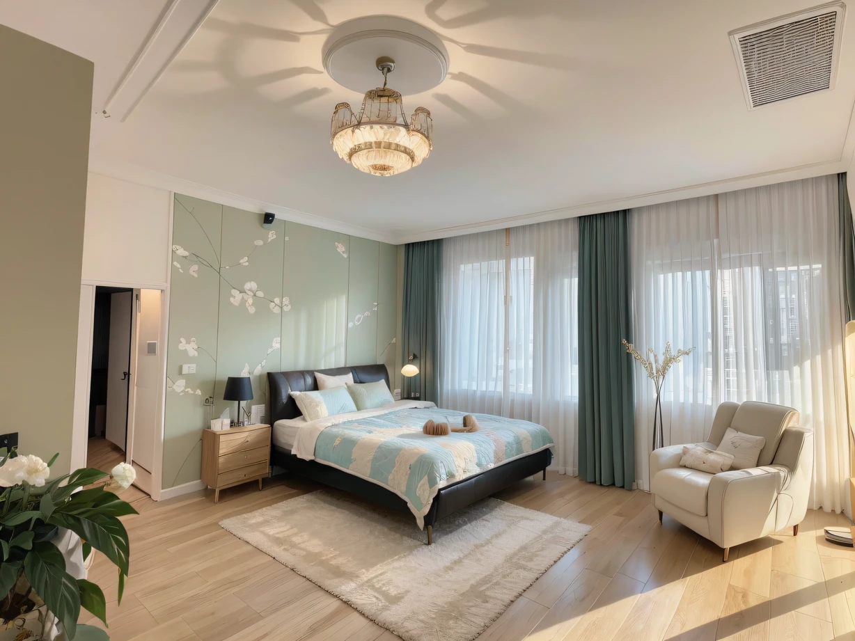 ,masterpiece, best quality,8k, ultra highres,When you enter this bedroom,It is as if you have traveled through time and space into an unknown fantasy。The silk quilt on the bed contrasts with the delicate embroidery of Europe,Exudes an intoxicating fragrance。Huge floor-to-ceiling windows let in sunlight,Cast dappled light and shadow on the soft curtains,Decorate the whole room picturesquely。The smart control panel at the bedside controls the lights and music in the room with voice or gestures,Make you feel like you are in a fantasy futuristic world。
