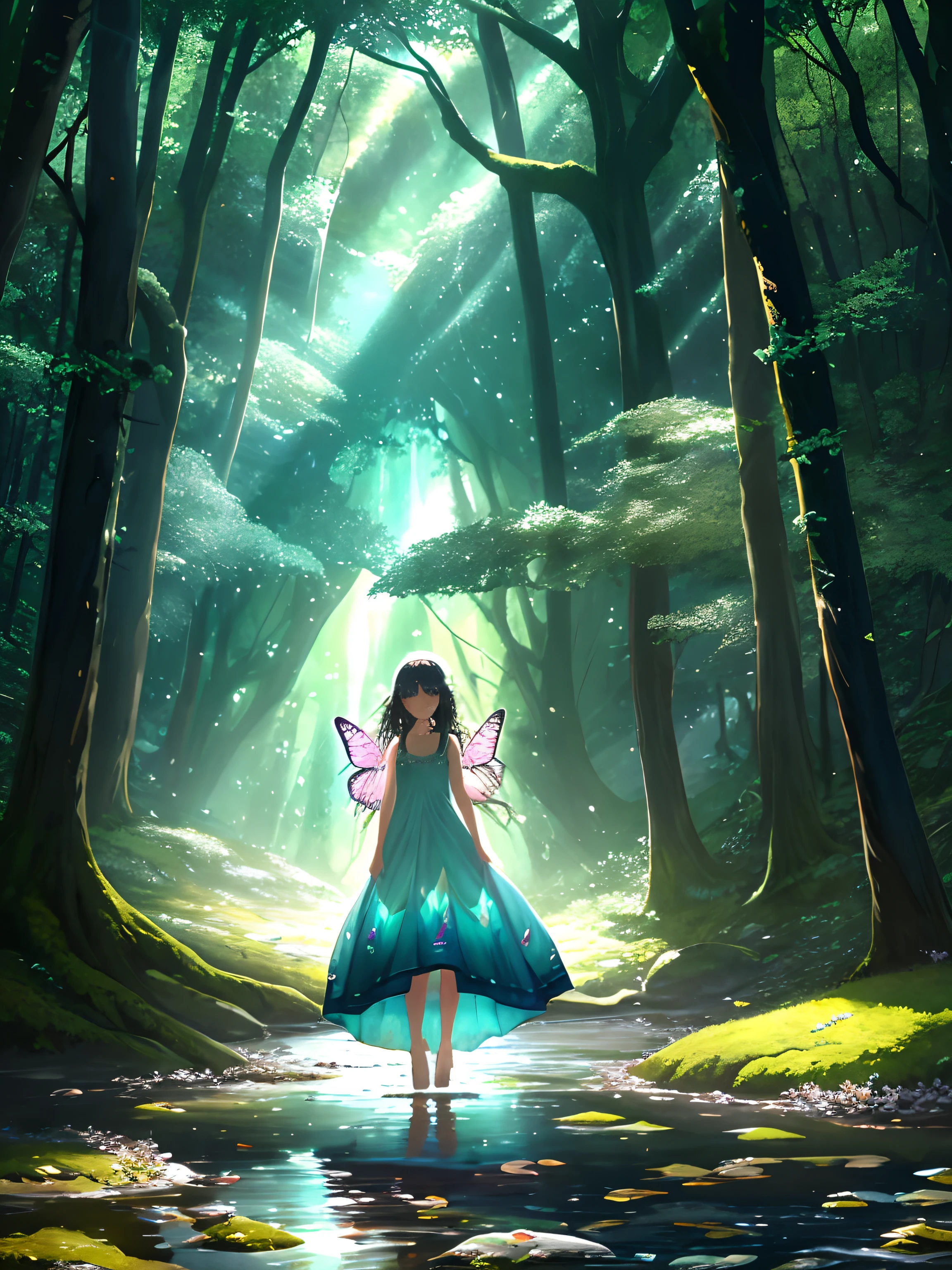 In the foreground, a young girl in a flowing, iridescent dress stands at the edge of a bubbling brook. Her bare feet sink into the moss-covered ground as she reaches out to touch a delicate, luminescent butterfly that flutters nearby. The butterfly, with wings shimmering like stained glass, seems to mirror the ethereal glow of the landscape.