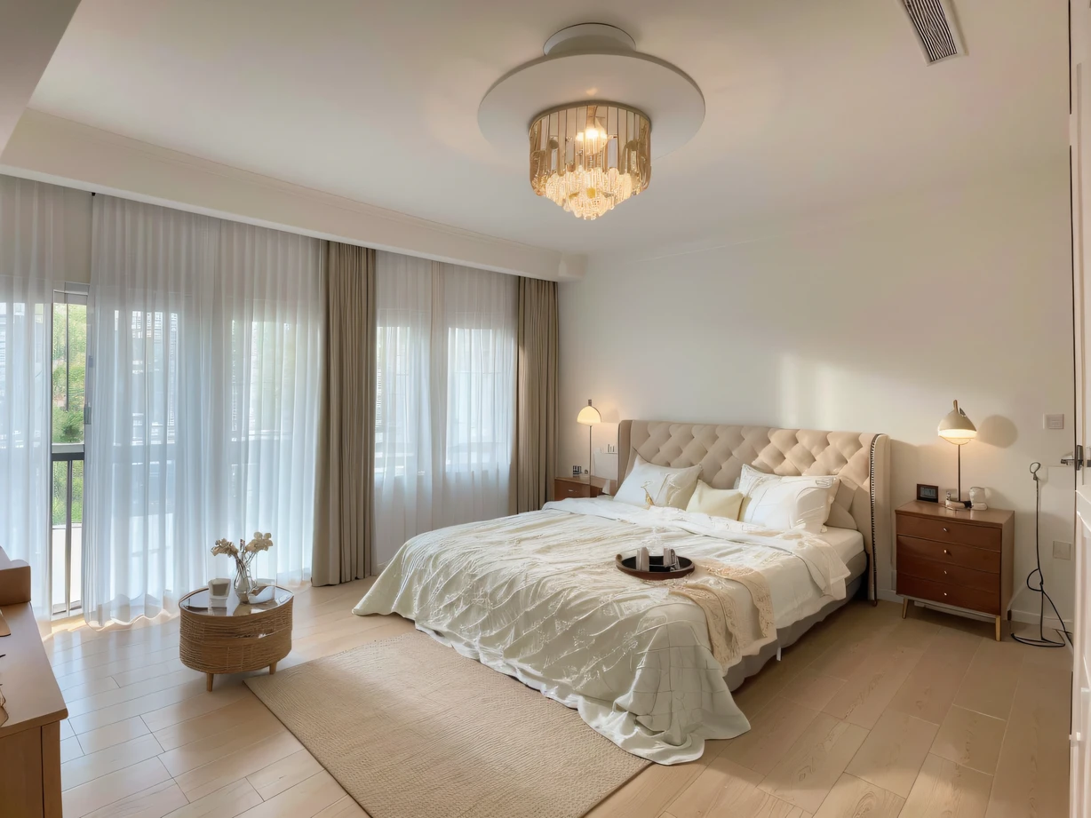 ,masterpiece, best quality,8k, ultra highres,When you enter this bedroom,It is as if you have traveled through time and space into an unknown fantasy。The silk quilt on the bed contrasts with the delicate embroidery of Europe,Exudes an intoxicating fragrance。Huge floor-to-ceiling windows let in sunlight,Cast dappled light and shadow on the soft curtains,Decorate the whole room picturesquely。The smart control panel at the bedside controls the lights and music in the room with voice or gestures,Make you feel like you are in a fantasy futuristic world。