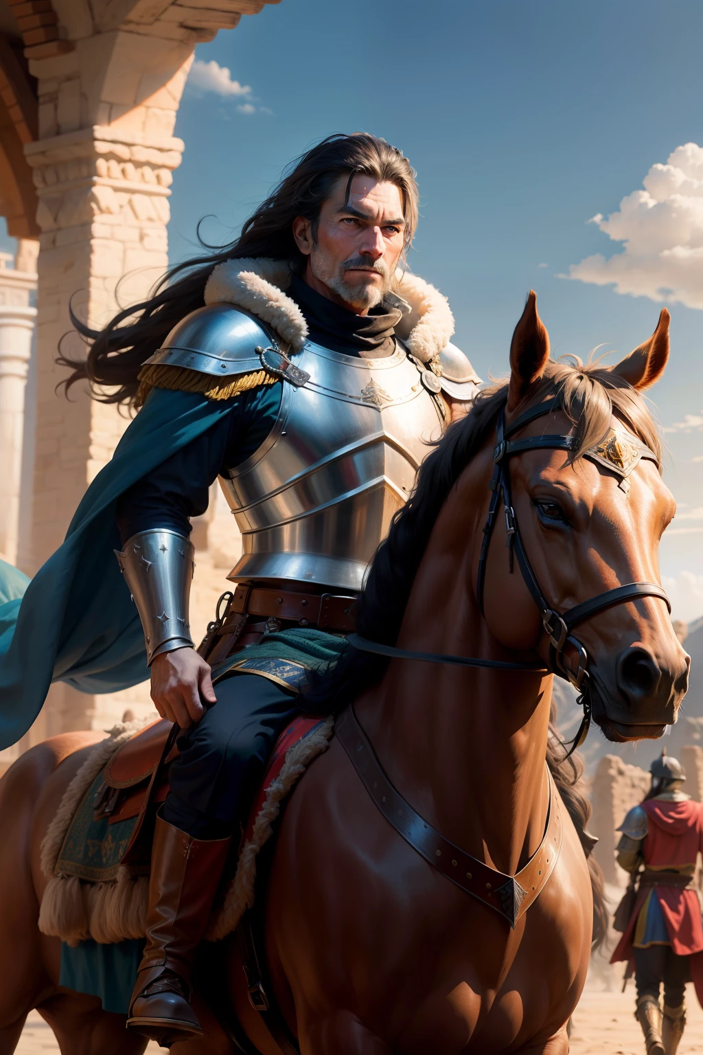 Coordinates Central Asia，medieval times，There was a middle-aged male cavalry with a shield and long hair