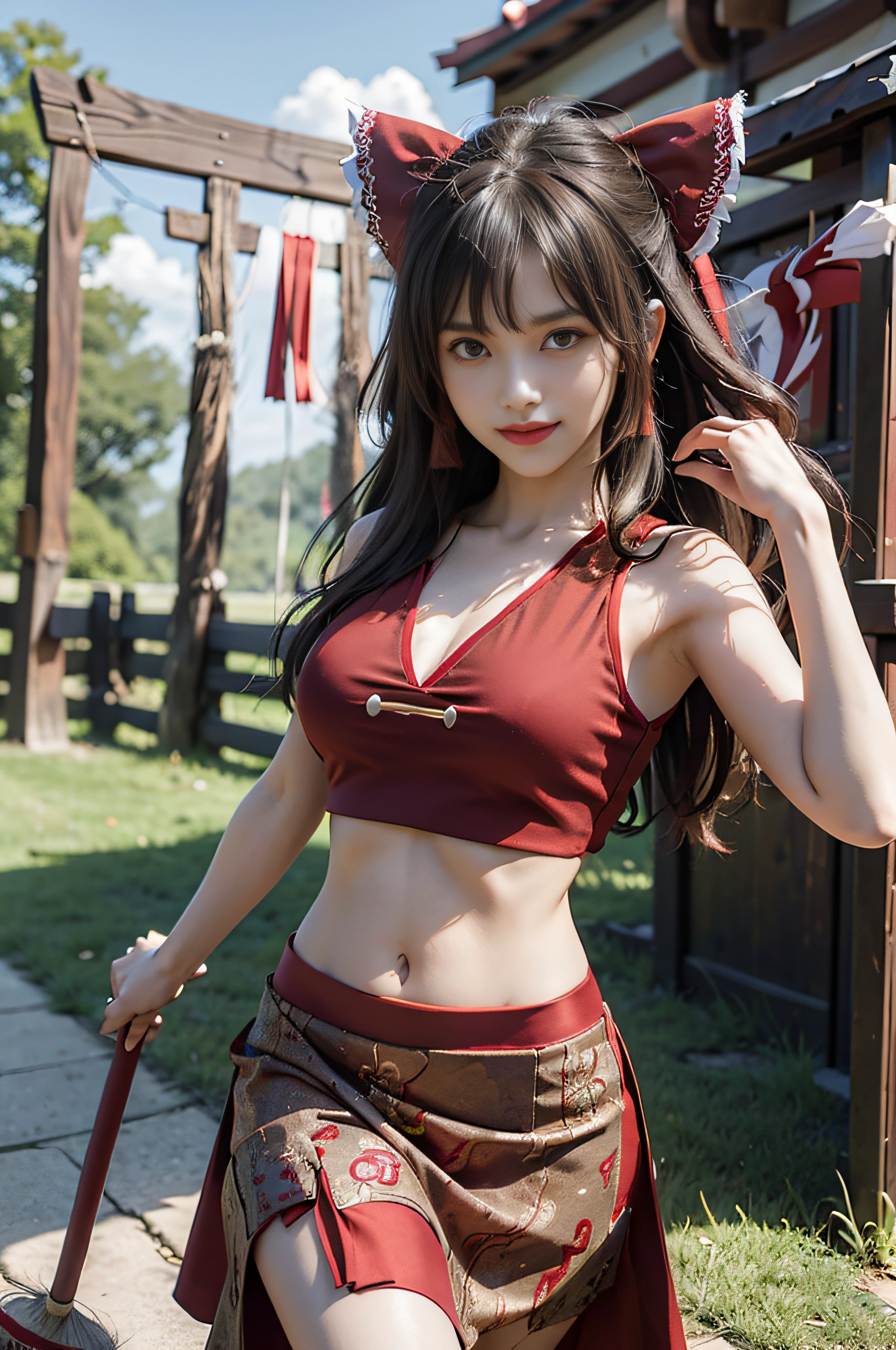 ((Borei Reimu)), ((Touhou Project)), Cosplay, ((Brown hair)), ((Long hair)), (Bangs)), ((Red Ribbon)))), ((Red Skirt))), (Middle Breast), (Open Clothes)))), (Sleeveless))), ((Navel)), (Pause)))), (Devil's Smile)))), (Shrine))), 18-year-old female model, Slim girl model, ((Broom)))