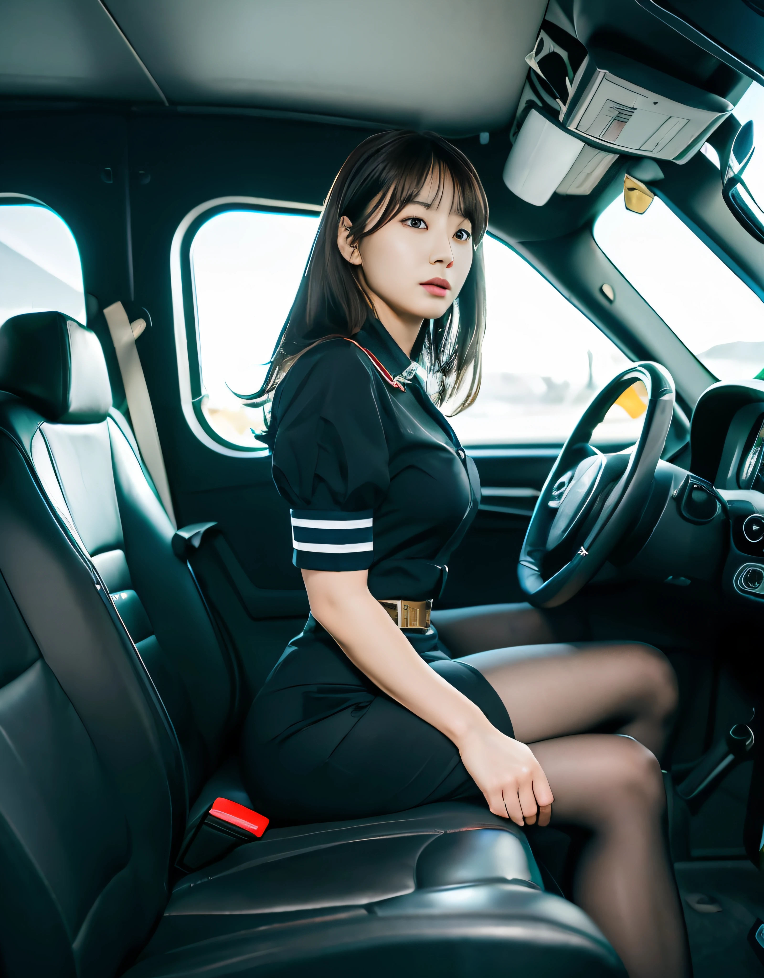 Korean women's captain in her 20s, pencil skirts, Black heels, Pantyhose, Aircraft interior background, Huge size, Detailed face. (8K, Best quality: 1.2), (Masterpiece, Photorealistic: 1.3), Super detail, Anatomically correct