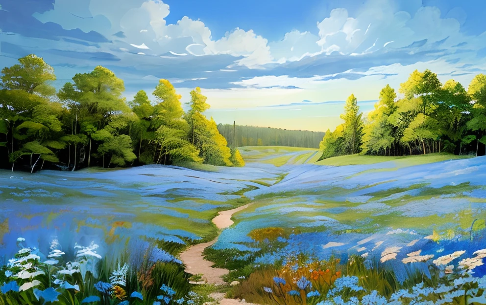 the woods，There is a large patch of weeds, wildflowers，with blue sky and white clouds，Small but refreshing scenery，The color system is elegant
