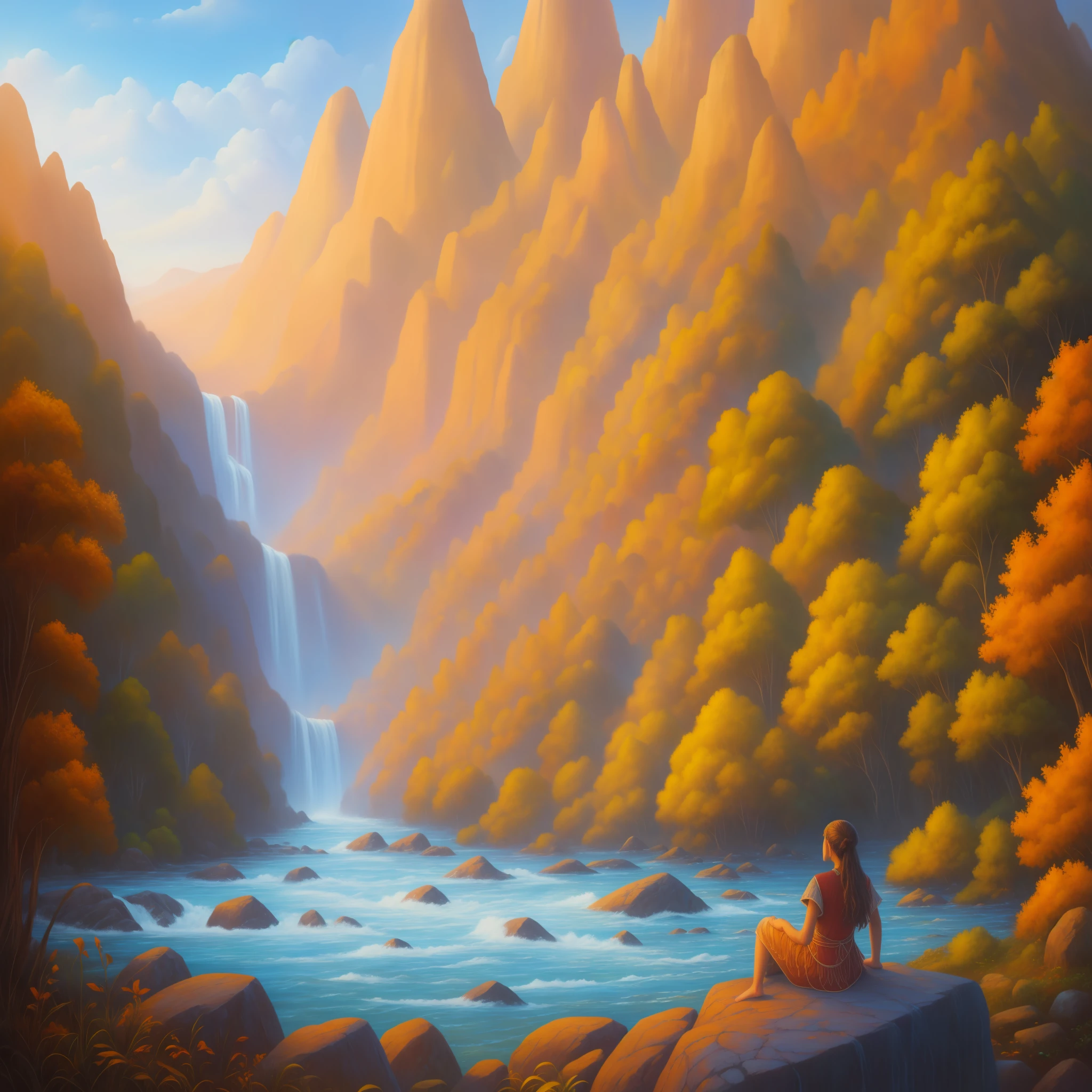 Masterpiece, colors, lots of colors, very detailed, painting of a person sitting on a rock in a river, inspired by mark keathley, in a serene landscape, inspired by Christophe Vacher, rob mcnaughton, amidst nature, radiant morning light, sitting near a river, serene expression, peaceful environment, peaceful scene, peaceful landscape, peaceful expression, by mark keathley, meditating, serene environment, meditation.