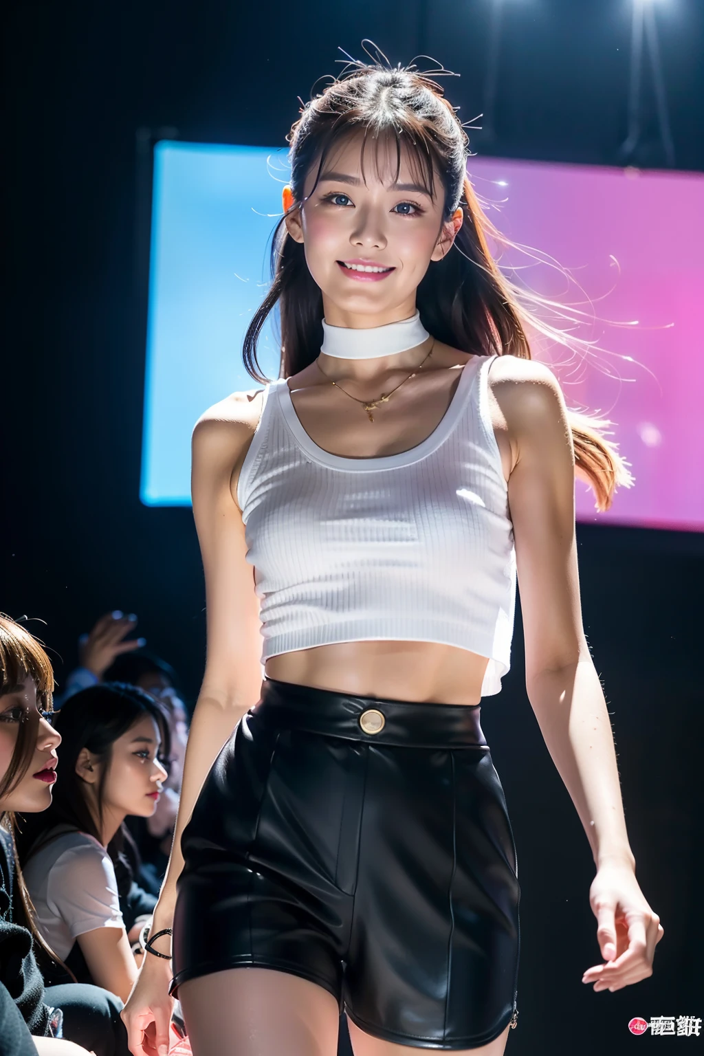 （8K分辨率，Full body photo in the distance，Photograph of the over-leg half，Realistic wallpapers），（1 female，18yr old，（Rina Fujii's facial features：1.6，Wide skeletal cheeks，s delicate face），com rosto detalhado，（Delicate Japanese makeup，Stage pop makeup），Lovely face，com rosto detalhado，详细的脸，Ultra-fine makeup，Black colored eyes，（Look into the distance），Long hair with a gradient of blonde，（By bangs，Tied up ponytail，messy  hair，Messy has layers），Redlip，Fair smooth skin，（Best Skin Type：1.21），mediuml breasts，（Suspender T-shirt，（white colors，blobs），Black skinny shorts，（materpiece：Stretch Lycra cotton），Lunette de soleil，Fashion necklace，espadrilles），Tall and tall，The action of flying kisses，perfect hand，Ultra-fine clothing material），（Stage catwalk，Catwalk LCD background，Exquisite stage details，（Vista view of the catwalk，Outdoor catwalk，Tokyo fashion show，neonlight，There were a lot of spectators in the audience，Model on the catwalk）），（exhilarated，happy laughing，Rejoice），（Various stage lighting assistance，profesional lighting，动态照明），（（Color contrast，Reserved，ellegance，vivaciousness，（white colors，white colors，blue colors，in pink））），（Golden section，Cinema lenses，Dynamic shots，Hasselblad photograp，tmasterpiece：1.3），（adolable，rays of sunshine，vivaciousness，Petite and lovely，dream magical，Little woman，trendsetting，Street style，Artis，Art platform）
