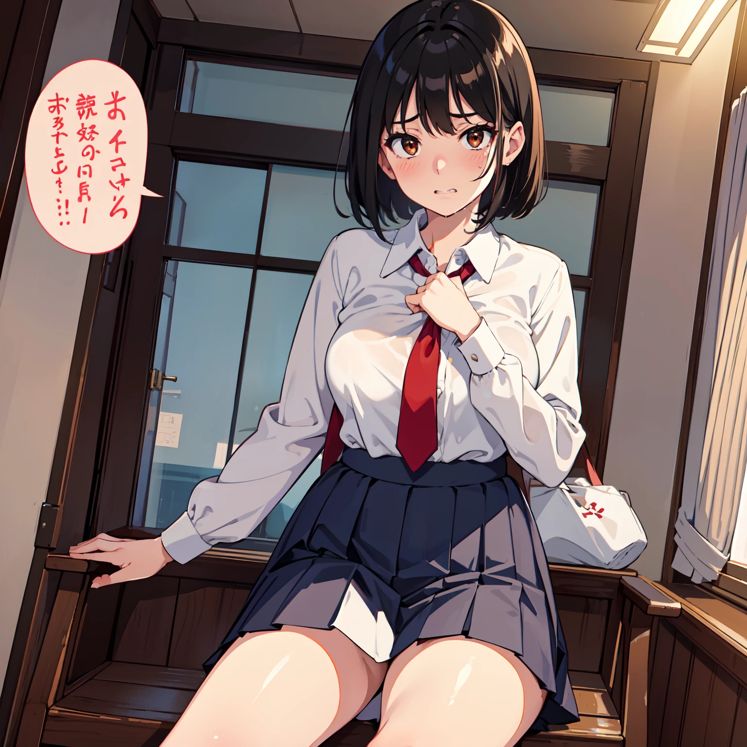 cute bra, 8K, best quality, 18 years old, looking at camera, red cheeks, school uniform, embarrassed, delicate hands, love hotel, love brother, clear liquid leaking from crotch, black hair, bob hair, bragging breasts, taking off clothes and showing off breasts, chest sticking out pose, glaring, clenching teeth, ecstasy