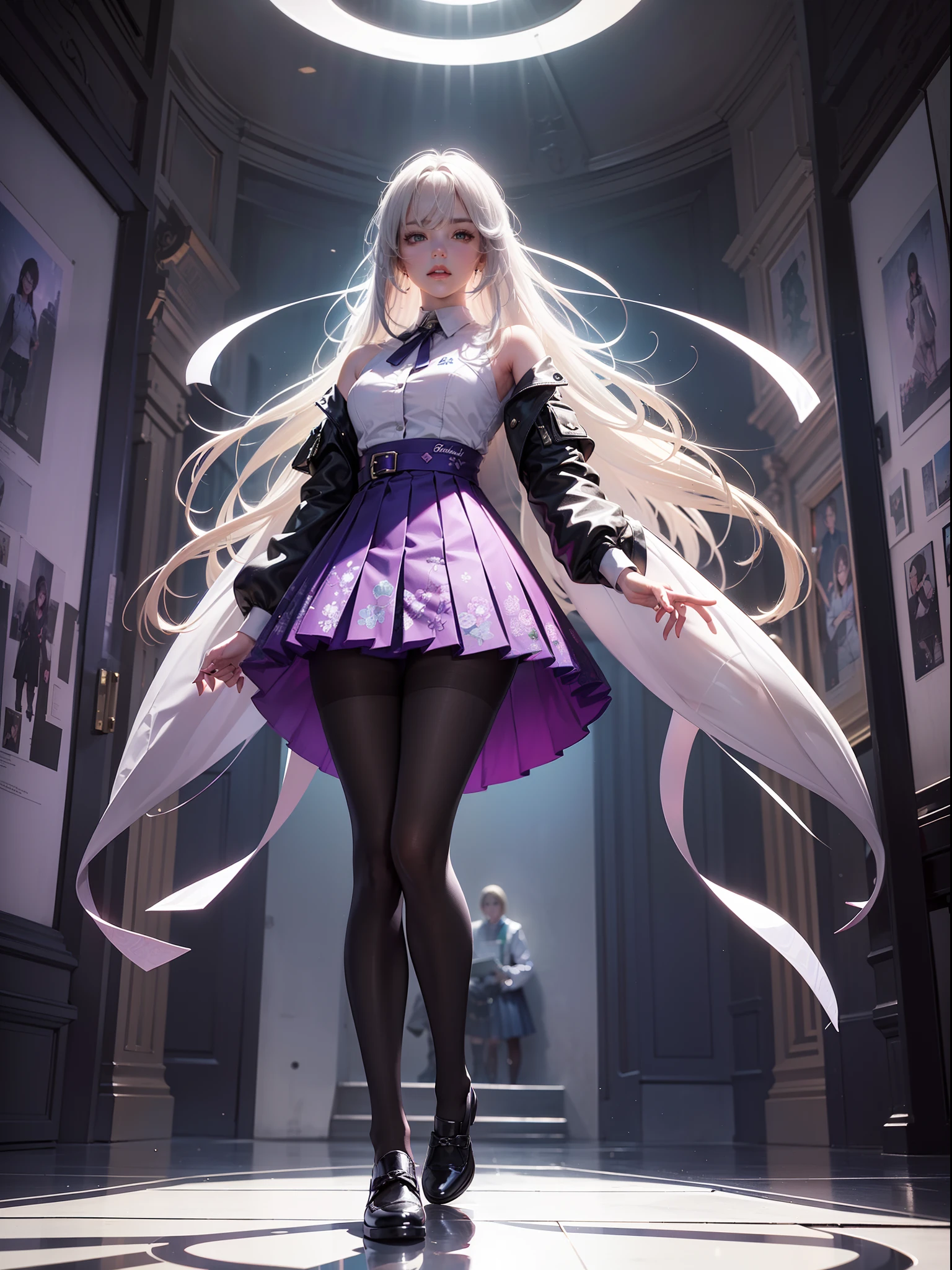 (full body:1.5)，(1girl:1.3),(looking at viewer:1.4)，(anatomy correct:1.3)，(In the paradise of the day:1.3),(Western style，Wearing Very thick Printed Pantyhose and JK Student Dress Printed Pleated Skirt and JK uniform leather shoes，and a large amount of jewellery :1.3), (A high jump posture:1.3),(In pink|amarelo|blue colors|green color|red colour|white colors|black in color|purpleish color|greys|Beige|Flesh color 1.4)，,(Accurate and perfect face:1.4),(Clothing Gloss:1.25),(Skin reflection:1.25),hyper HD, Ray traching, reflective light，structurally correct, Award-Awarded, high detal, lightand shade contrast, Face lighting，cinmatic lighting, tmasterpiece, super detailing, high high quality, high detal, best qualityer, 16k，high contrast,