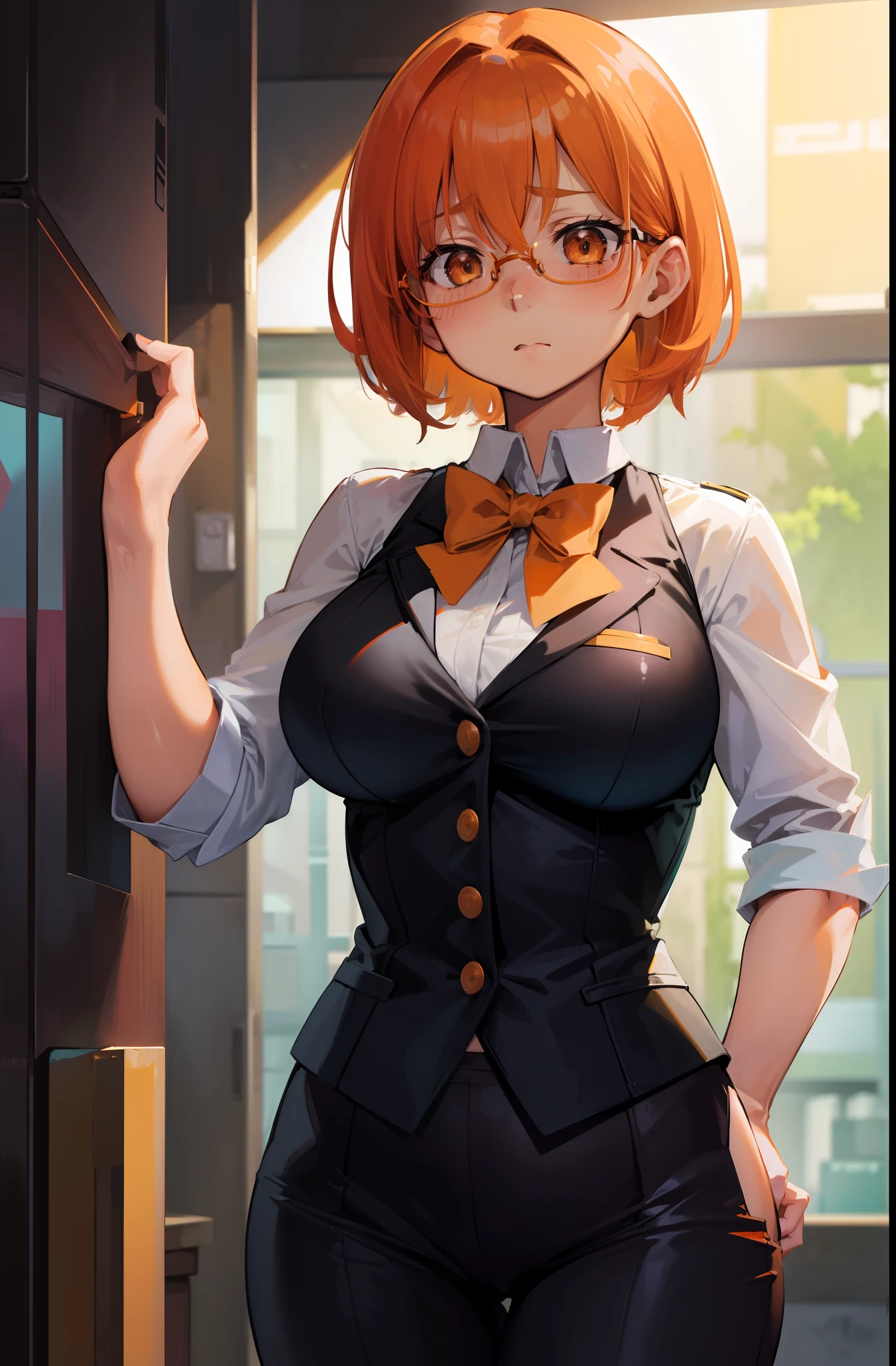 Female ,Embarassed, shy, Round orange glass glasses, big breasts, Short orange hair, Small hips, Working as detective, detective clothes, investigating