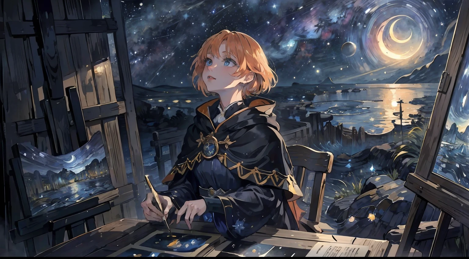 Looking up, Orange hair, Blue eyes, Shining eyes,l Girls ，The beautiful，shiny costume，fantasy，short detailed hair，Van Gogh（FGO),Perfectcomposition, 8K，starrysky，《Starry nights》，ssmile，paint brushes，Color，pigment，Exquisite，a sense of atmosphere，aethereal，Light，painting of a，Watercolor atmosphere，subtle，themoon，Manhwa Style，multicolour，Brightly colored，Color palette，himawari