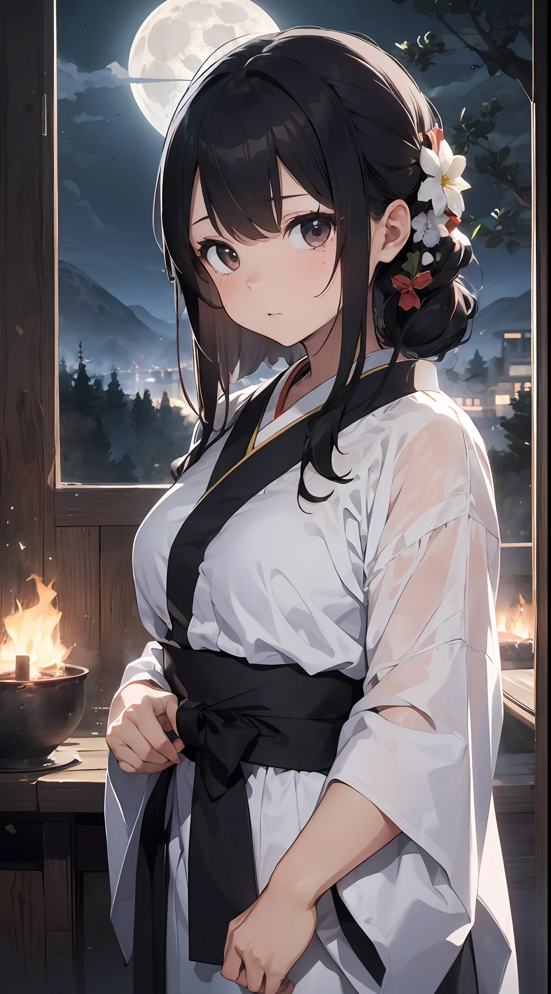 (welcoming fire: 1.8), Figure: woman in white kimono and black haori, hair long and black and tied back, face sad and tearful, white bouquet in hand Background: full moon shining in the night sky, bonfire burning on the mountain, firelight illuminates woman's figure, dark and quiet surroundings Emotion: The woman is thinking of the departed; her kimono and bouquet of flowers are white, the color of mourning; the moon and firelight express loneliness and sadness.