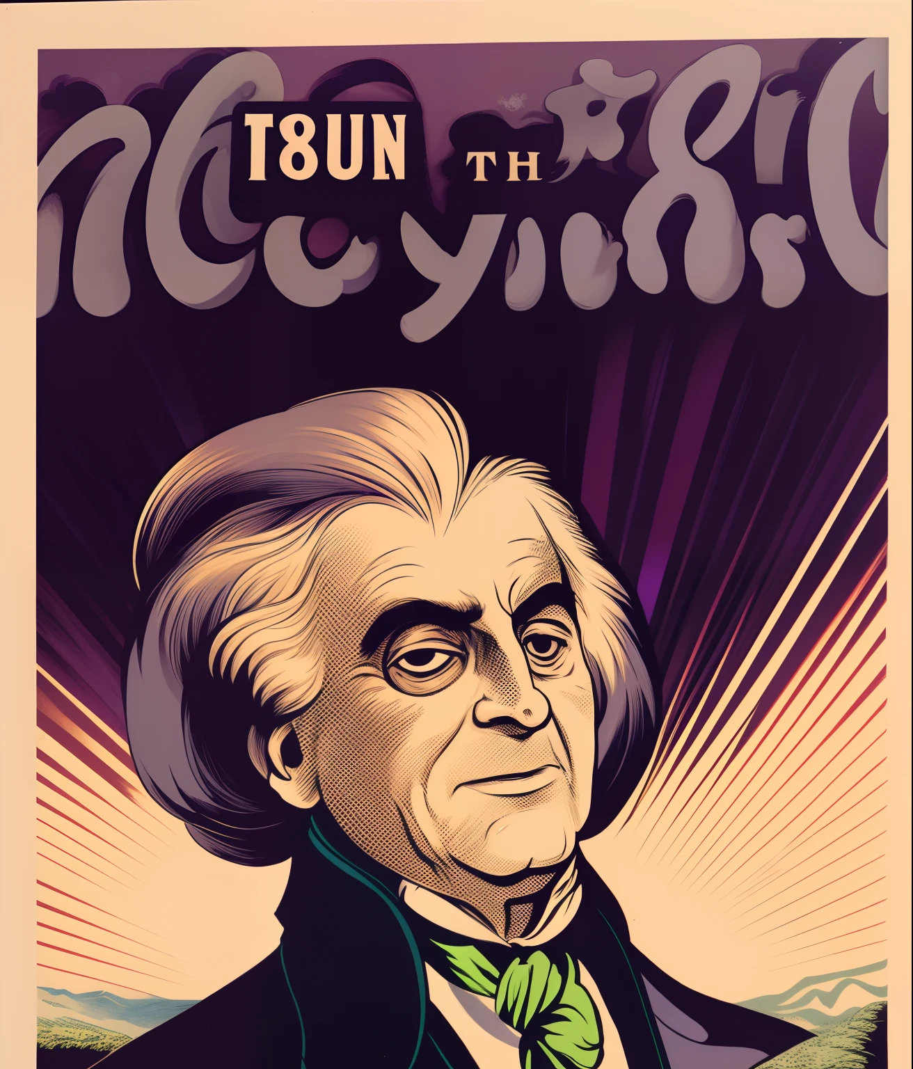 1950 poster style,Dressed in the 18th century,A old man,whaite hair,wrinkles,An ancient monster,monocle,Purple pupils,unholy,Unknown smile,Unknown,in suit