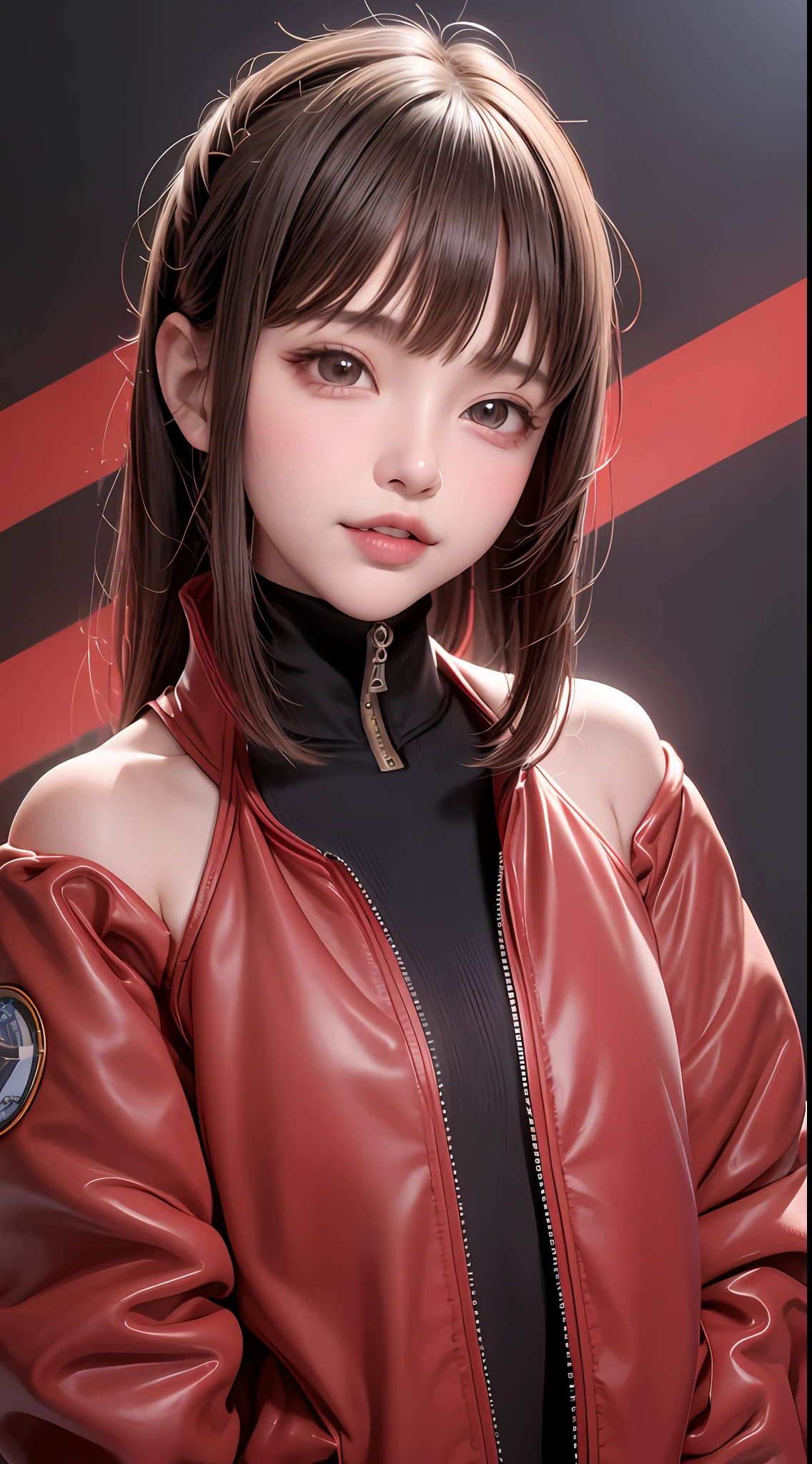 1girl, solo,underwaterbrown hair, brown eyes, parted lips, long sleeves, jacket, simple background, upper body, red background, looking at viewer, teeth, red jacket, lips, cosplay, full body, smile,motorbike