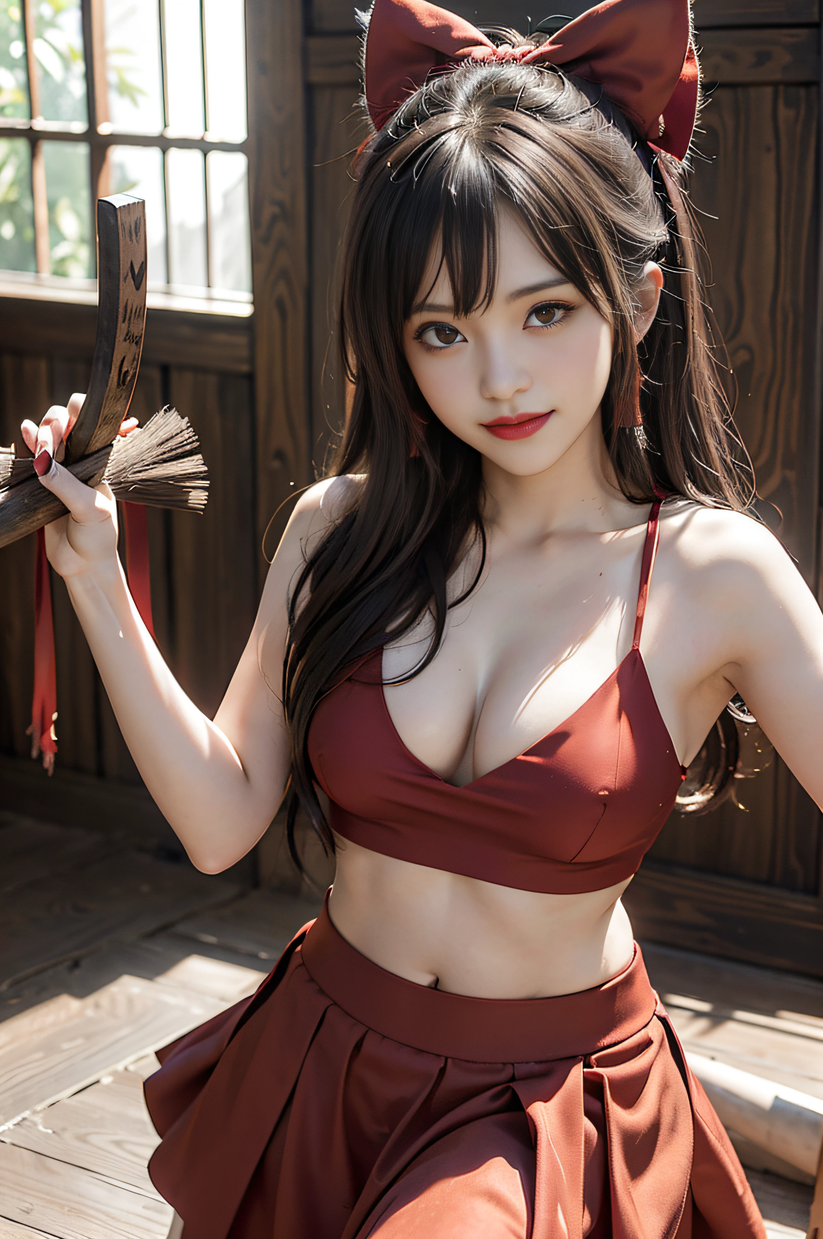 ((Borei Reimu)), ((Touhou Project)), Cosplay, ((Brown hair)), ((Long hair)), (Bangs)), ((Red Ribbon)))), ((Red Skirt))), (Middle Breast), (Open Clothes)))), (Sleeveless))), ((Navel)), (Pause)))), (Devil's Smile)))), (Shrine))), 18-year-old female model, Slim girl model, ((Broom)))