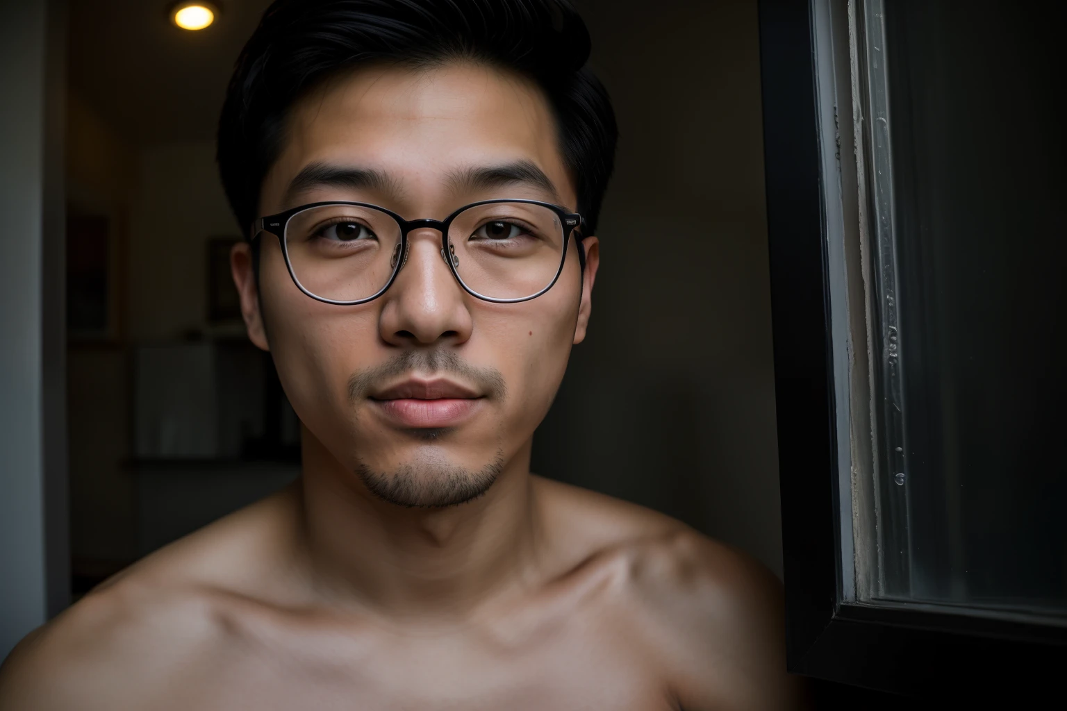 There was a man with glasses looking into the camera, South Korean male, lofi portrait at a window, chest and face, Lean man with light tan skin, Soft portrait shot 8 K, portrait shot 8 k, portrait close up of guy, 2 , 2 8 years oldt, Asian male, half-body portrait, wideangle portrait