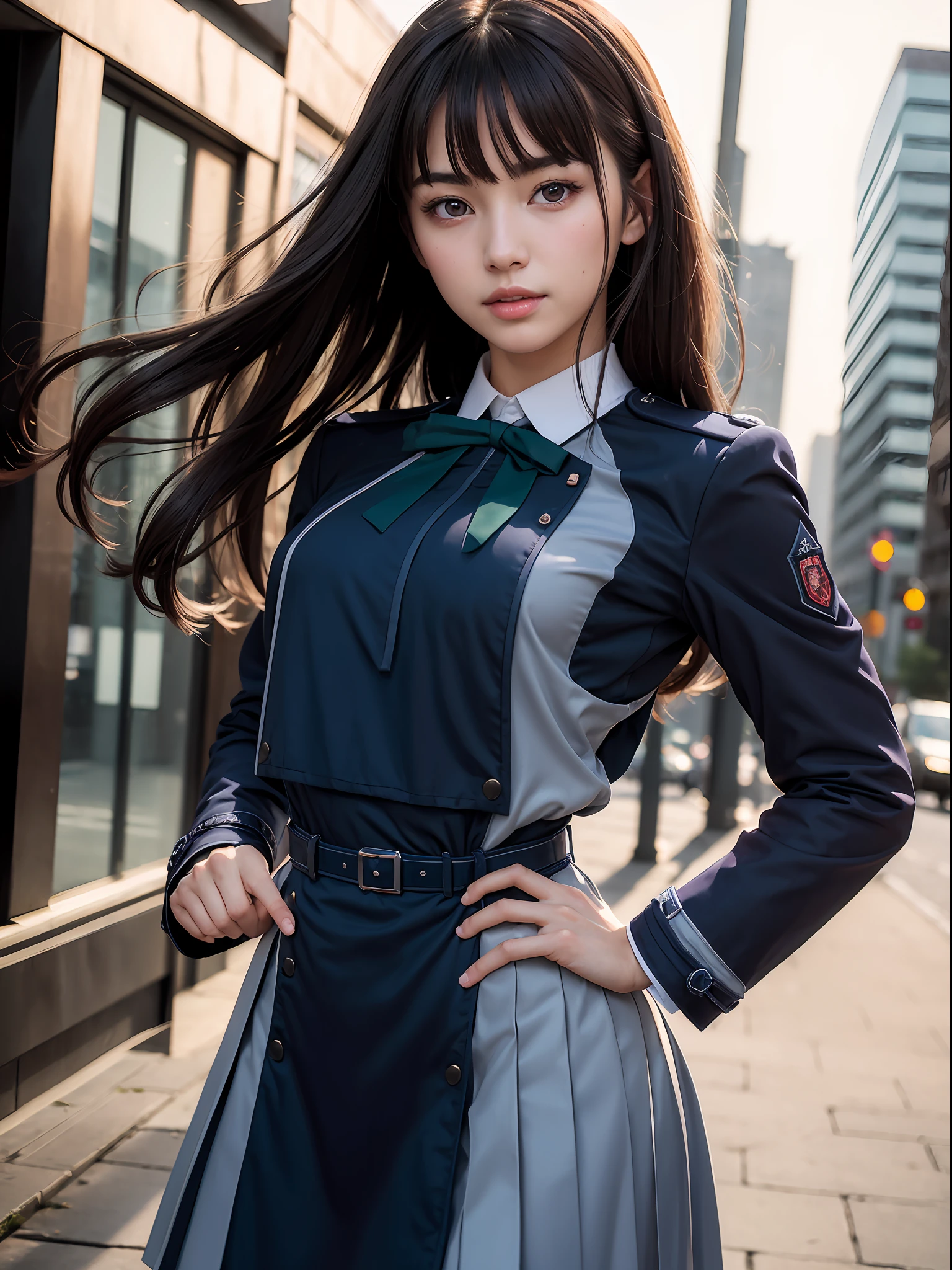 (masterpiece, best quality:1.4), (full body), (standing:1.2), (erotic pose:1.5), 1girl, solo, inoue takina, long hair, bangs, black hair, (purple eyes:1.2), BREAK shirt, long sleeves, dress, ribbon, school uniform, white shirt, collared shirt, belt, neck ribbon, blue dress, green ribbon, pleated dress, grey dress, two-tone dress, blue belt, (lycoris uniform:1.5), at the city  looking at viewer, beautifull smile, beautiful face, highly detailed face, highly detailed eyes, highly detailed skin, skin pores, subsurface scattering, realistic pupils, full face blush, full lips, detailed background, depth of field, volumetric lighting, sharp focus, absurdres, realistic proportions, good anatomy, (realistic, hyperrealistic:1.4), 16k hdr,