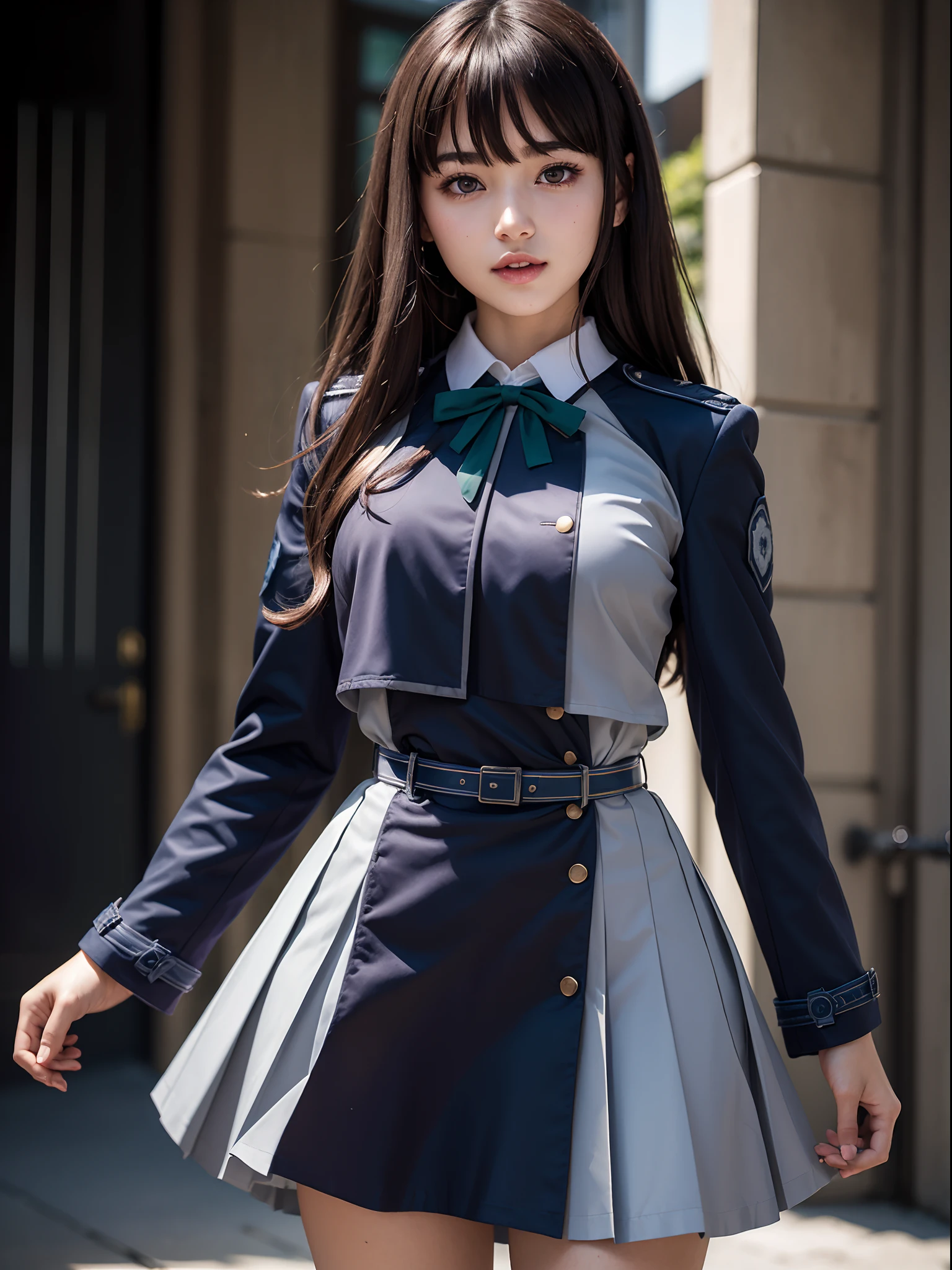 (masterpiece, best quality:1.4), (full body), (standing:1.2), (erotic pose:1.5), 1girl, solo, inoue takina, long hair, bangs, black hair, (purple eyes:1.2), BREAK shirt, long sleeves, dress, ribbon, school uniform, white shirt, collared shirt, belt, neck ribbon, blue dress, green ribbon, pleated dress, grey dress, two-tone dress, blue belt, (lycoris uniform:1.5), at the city looking at viewer, beautifull smile, beautiful face, highly detailed face, highly detailed eyes, highly detailed skin, skin pores, subsurface scattering, realistic pupils, full face blush, full lips, detailed background, depth of field, volumetric lighting, sharp focus, absurdres, realistic proportions, good anatomy, (realistic, hyperrealistic:1.4), 16k hdr,