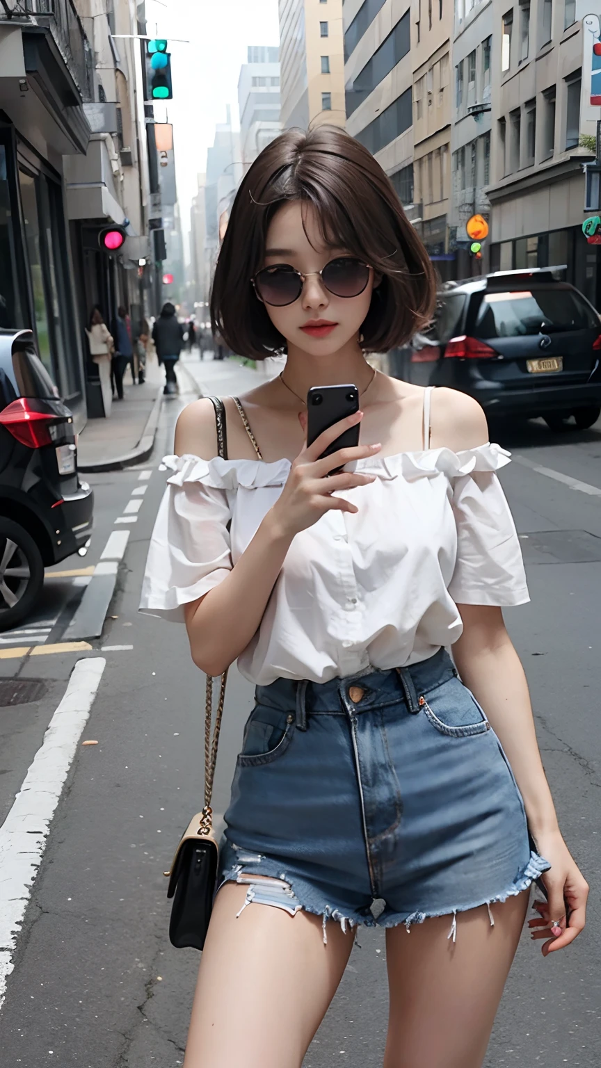Beautiful woman, fiddling with cell phone in the middle of the street, short clothes