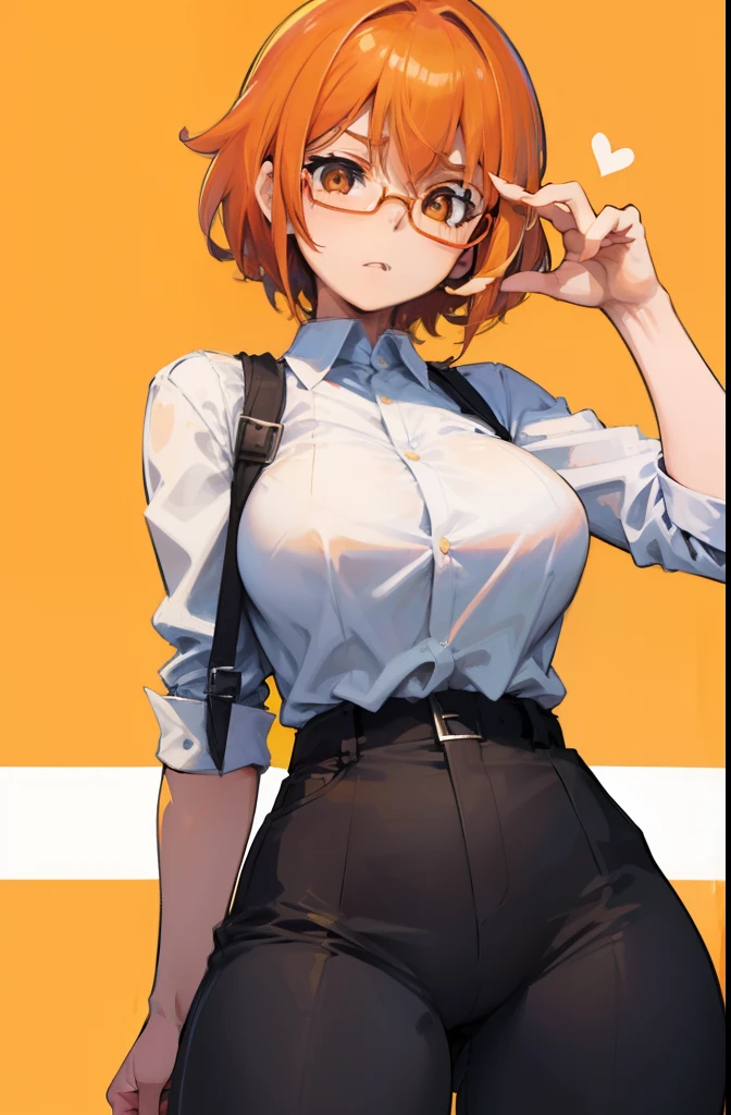 Female ,Enthusiastic, Round orange glass glasses, big breasts, Short orange hair, Small hips, Working as detective, detective clothes, investigating