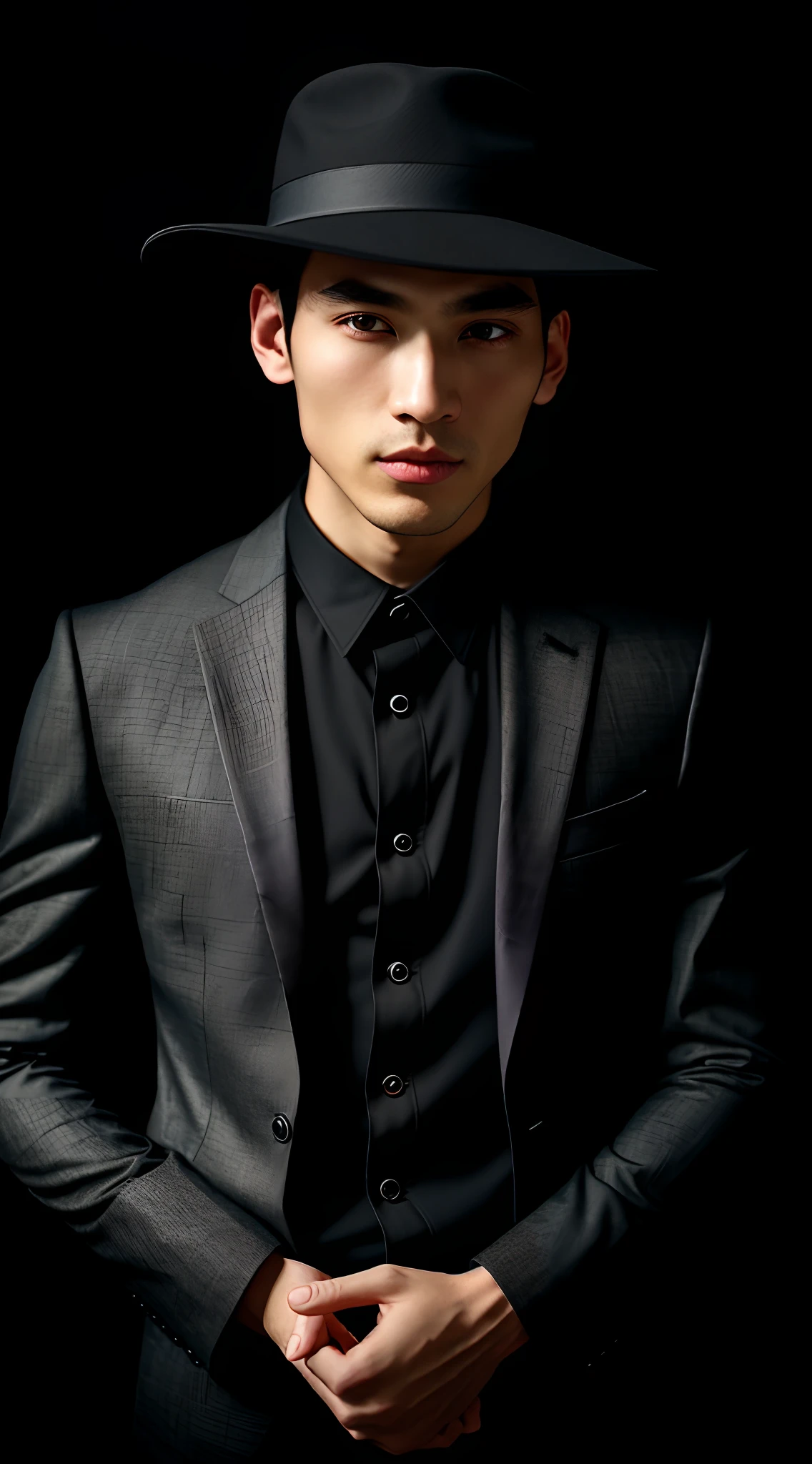 Raw foto、Photo Essay、fashion photograhy、male model、queer、Soft rustic makeup、Rustic eyeshadow、Man in Jakartan、Japan Man、Javanese、Bright eye、Black fabric as background、Men in suits Dior and Fall/Winter 2021 black、fedora hat straight flap 8 cm black、lo fashion、The beauty of editing、kirakira、dark backgrounds、Dramatic light、full bodyesbian、Portrait plane、realisticlying、hightquality、 Sony A7III、8k、16 mm 2.4 lens、Rezarahadian、red necktie