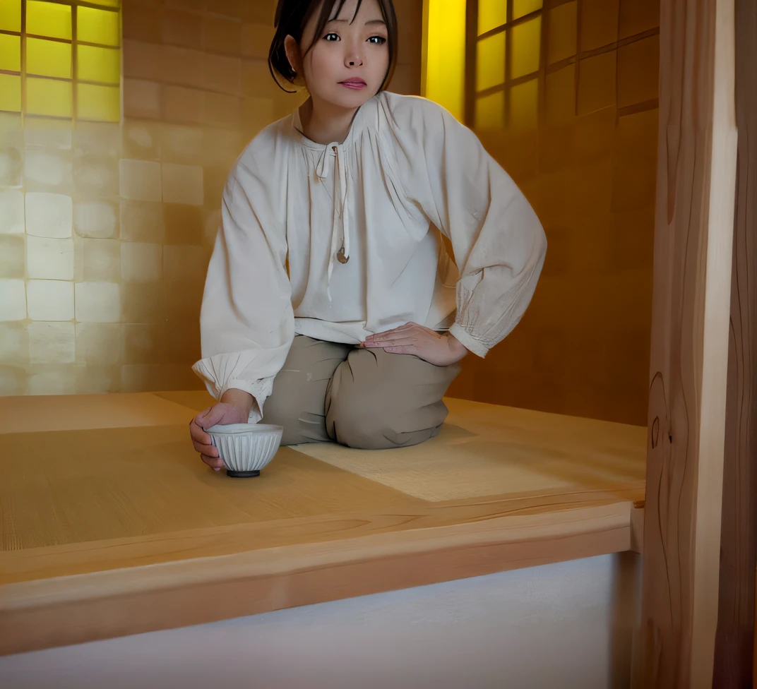 There is a woman sitting on a platform with a Japan sword, Tea ceremony view, inspired by Masamitsu Ōta, inspired by Sesshū Tōyō, wearing a haori, inspired by Inshō Dōmoto, inspired by Kanō Shōsenin, inspired by Shūbun Tenshō