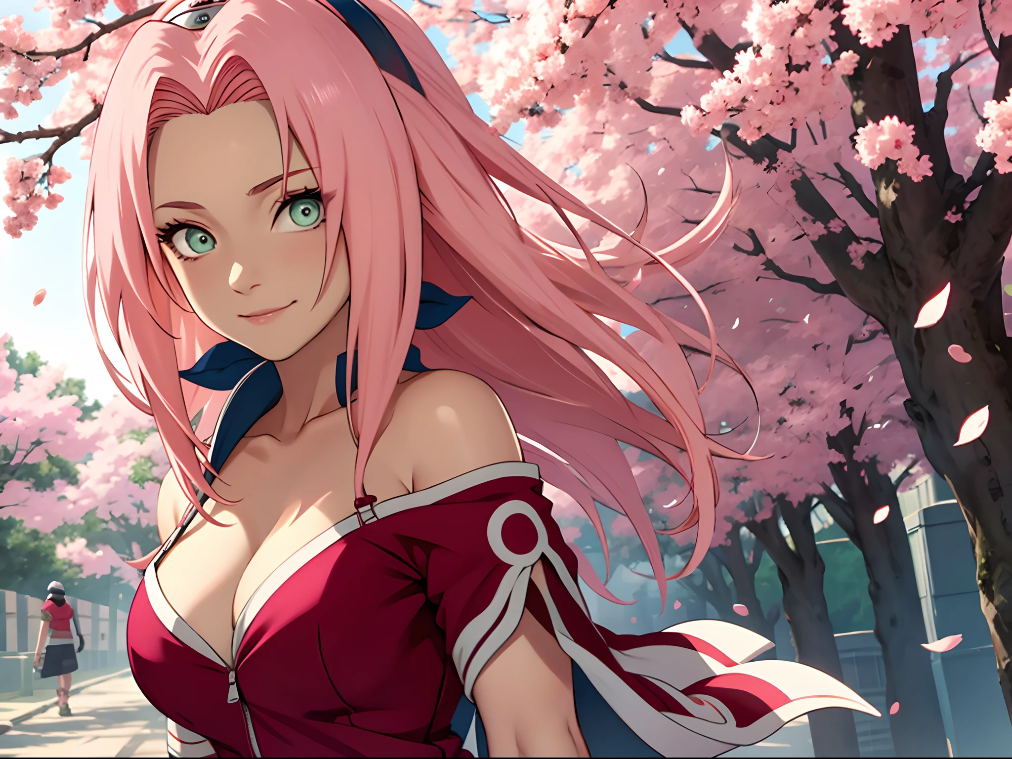 tmasterpiece, Best quality at best, 1girll, Sakura Haruno, Large breasts,Off-the-shoulder attire,(cleavage),(upperbody closeup),Raised sexy,is shy,ssmile,with pink hair, long whitr hair, (Green eyeballs:1.4), Forehead protection, the cherry trees,Cherry blossoms flying,Red clothes,Zipper half