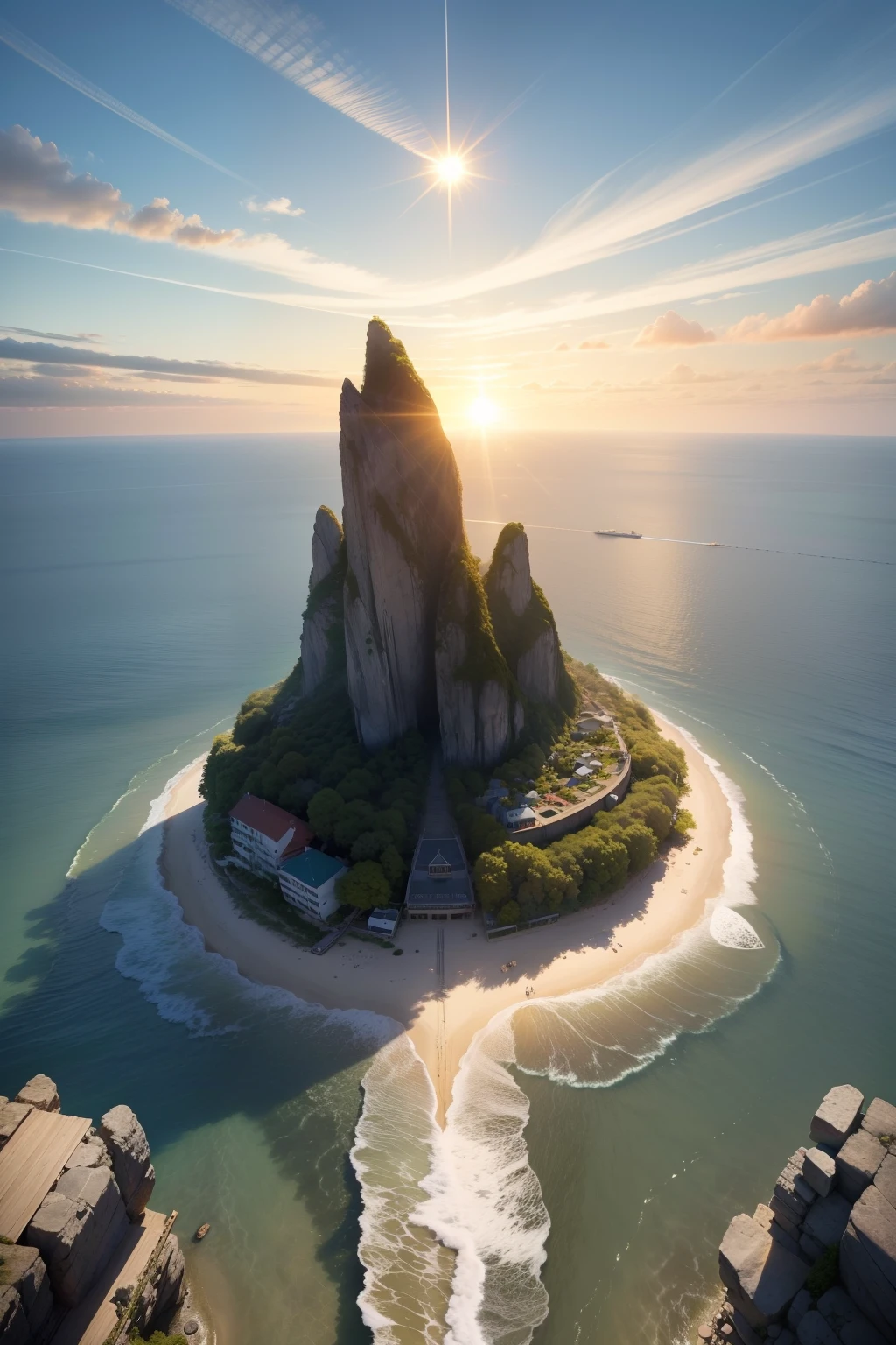 Morning sun，The endless teachings，There are several small islands，A fish much larger than the island is swimming，Golden sea surface