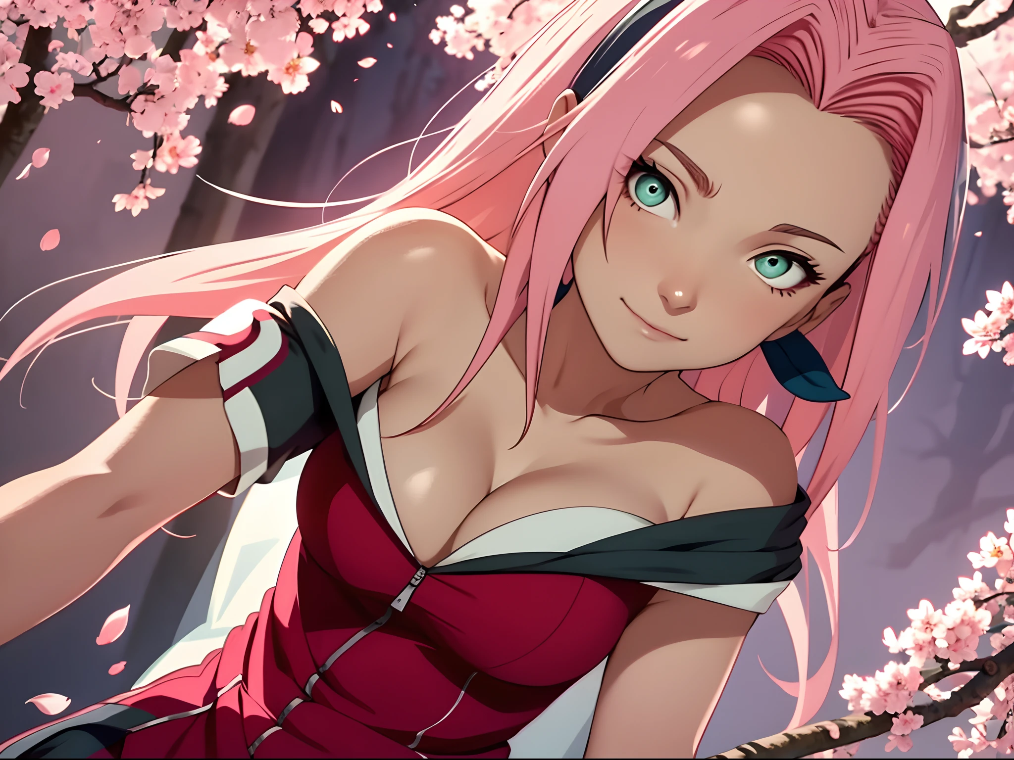 tmasterpiece， Best quality at best， 1girll， Sakura Haruno， Large breasts，Off-the-shoulder attire，（cleavage)，（upperbody closeup)，Raised sexy，is shy，ssmile，with pink hair， long whitr hair， （Green eyeballs:1.4)， Forehead protection， the cherry trees，Cherry blossoms flying，Red clothes，Zipper half