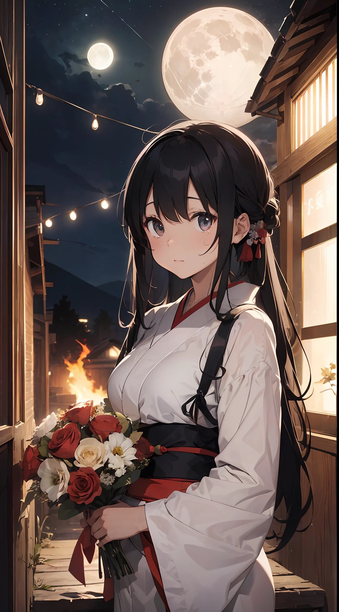(welcoming fire: 1.8), Figure: woman in white kimono and black haori, hair long and black and tied back, face sad and tearful, white bouquet in hand Background: full moon shining in the night sky, bonfire burning on the mountain, firelight illuminates woman's figure, dark and quiet surroundings Emotion: The woman is thinking of the departed; her kimono and bouquet of flowers are white, the color of mourning; the moon and firelight express loneliness and sadness.
