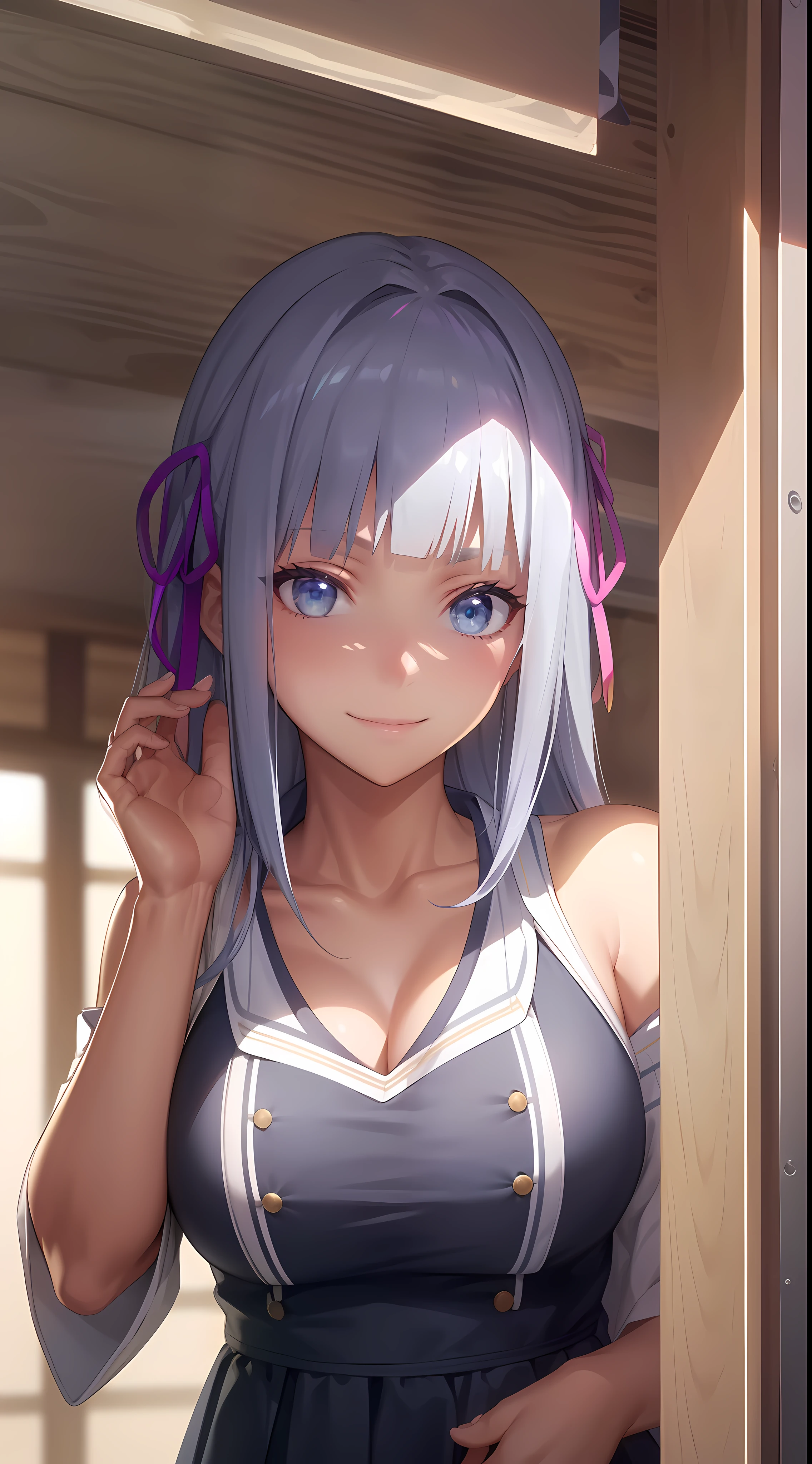 hair ornament, very long hair, japanese clothes, professional artwork, Intricate Details, field of view, sharp focus, detailed painting, photorealistic lighting, trending on pixiv, Standing at attention, ((school girl, summer school outfit)), ((large breasts:1,3)), Beautiful body,Beautiful Nose,Beautiful character design, perfect eyes, perfect face, looking at viewer, SFW,official art,extremely detailed CG unity 8k wallpaper, perfect lighting,Colorful, Bright_Front_face_Lighting, (masterpiece:1.0),(best_quality:1.0), ultra high res,4K,ultra-detailed, photography, 8K, HDR, highres, absurdres:1.2, Kodak portra 400, film grain, blurry background, bokeh:1.2, lens flare, (vibrant_color:1.2), shikkoku_yorihime, (happy smile, cheers), ((looking at viewer, front body pose, front view))