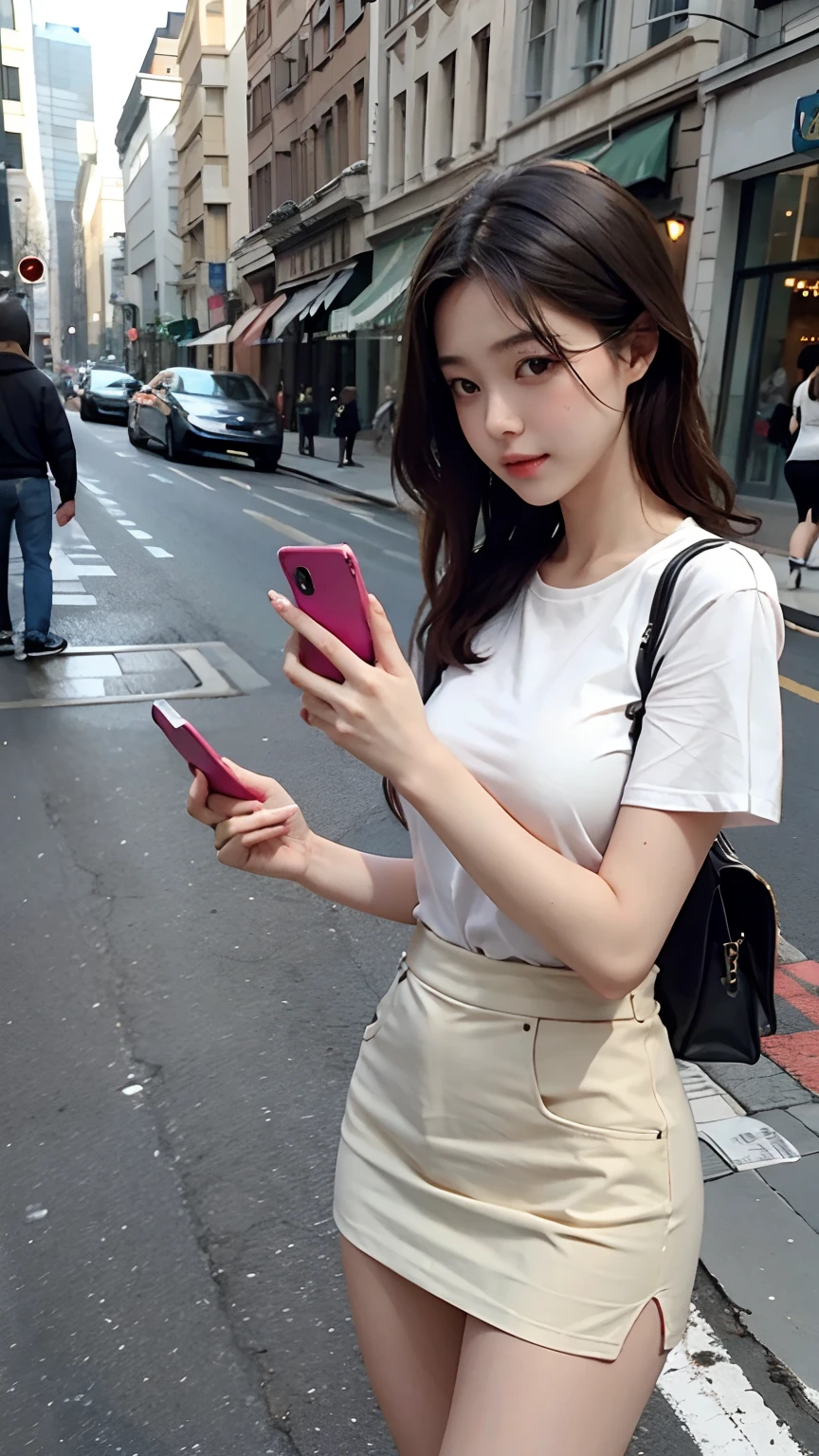 Beautiful woman, fiddling with cell phone in the middle of the street, short clothes