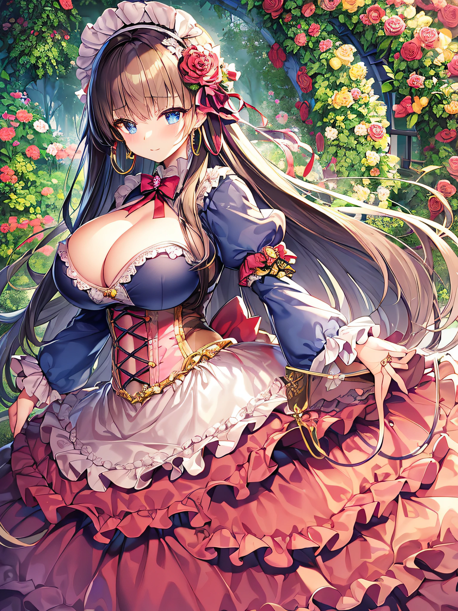((anime artstyle)),(Masterpiece),(Best Quality), (Super Detail),((Very Delicate and Beautiful)),(((Solo))),((full body)),(((1 princess in sweet lolita dress with voluminous full length hoop skirt))),((standing in garden)),Long train,(bling-bling gorgeous gemstone jewelry),detailed face and eyes,jewel-like eyes,cry,((large amount of straight hair,extremely voluminous Very Long Straight Hair)),((gigantic tits,Long tits)),cleavage,(gorgeousfull embroidery and lace),gorgeous corsage,See-through,((extremely gorgeousfull lolita hair ornament)),bling-bling extremely gorgeousfull jeweled tiara,ornate ruffles,beautiful embroidery,(hoop skirt,crinoline),flowers, flower petals flowing,((Dynamic Angle)),Looking at viewer,((full body)),sweet lolita dress with voluminous full length hoop skirt
