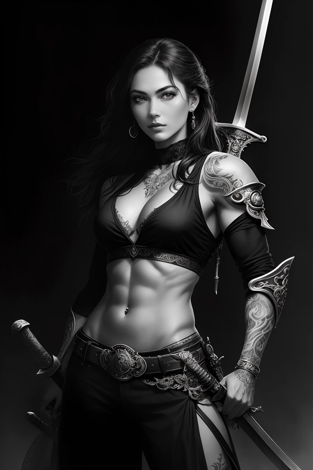 arafed woman in a black and white photo holding a sword, a tattoo inspired by Luis Royo, tumblr, fine art, muscular warrior women, holding a sword on her shoulder, she is holding a sword, ornate korean polearm behind her, long sword in her hand, posing with a sword, hyperrealistic photo luis royo