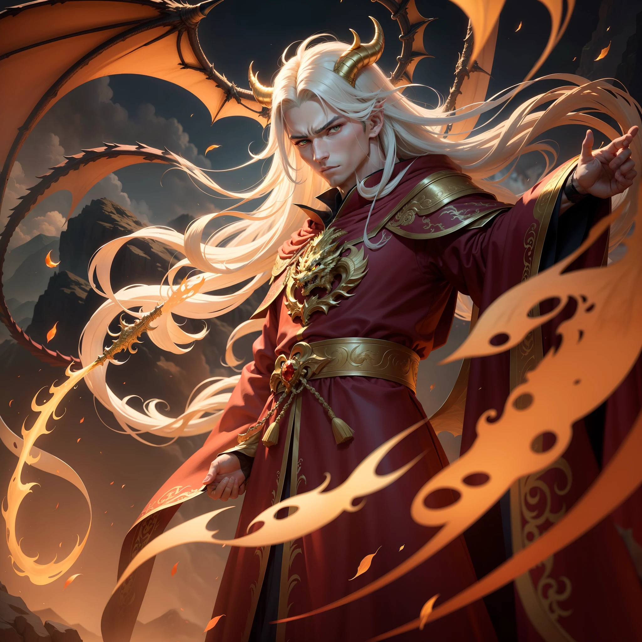 Masterpiece High quality Five-clawed golden dragon turned into a human The majesty of the emperor Blood-colored eyes are full of murderous aura A pair of slender golden dragon horns on the head are extremely sharp The face of a beautiful man Wearing a dragon robe Proud and murderous Golden gradient white clothes scattered long hair Floating in mid-air Mid-air Mid-air Mid-air in the middle of the mountain Young anime male Proportionally coordinated No wings Floating in the air The dragon's horns are the same length as the face