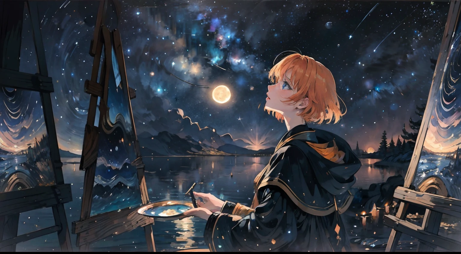 Looking up, Orange hair, Blue eyes, Shining eyes,l Girls ，The beautiful，shiny costume，fantasy，short detailed hair，Van Gogh（FGO),Perfectcomposition, 8K，starrysky，《Starry nights》，ssmile，paint brushes，Color，pigment，Exquisite，a sense of atmosphere，aethereal，Light，painting of a，Watercolor atmosphere，subtle，themoon，Manhwa Style，multicolour，Brightly colored，Color palette，himawari